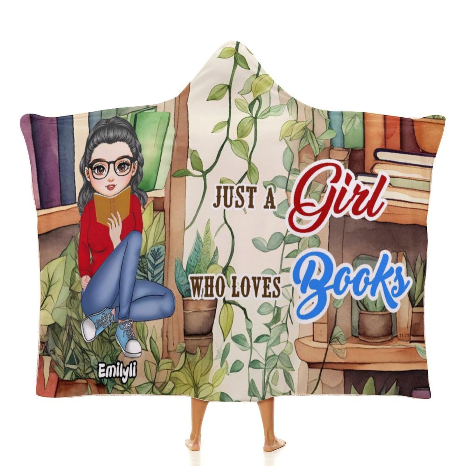 NOONATIVE Just a Girl Who Loves Books Hooded Blanket,Custom Reading Book Wearable Throw Blanket with Name Portrait,Gift for Book Lovers Women Readers Bookworms Librarians
