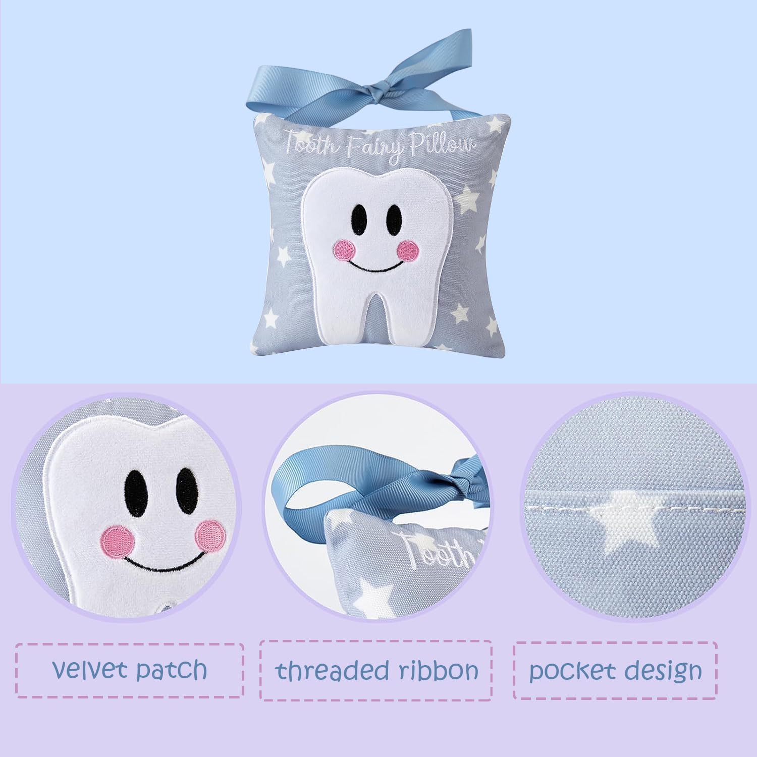 Tooth Fairy Pillow with Pocket for Kids Tooth Keepsake Pouch Tooth Fairy Bag on Back Toothfairy Gift for Boys and Girls, 6.8 x 6.8 inches (Light Blue)