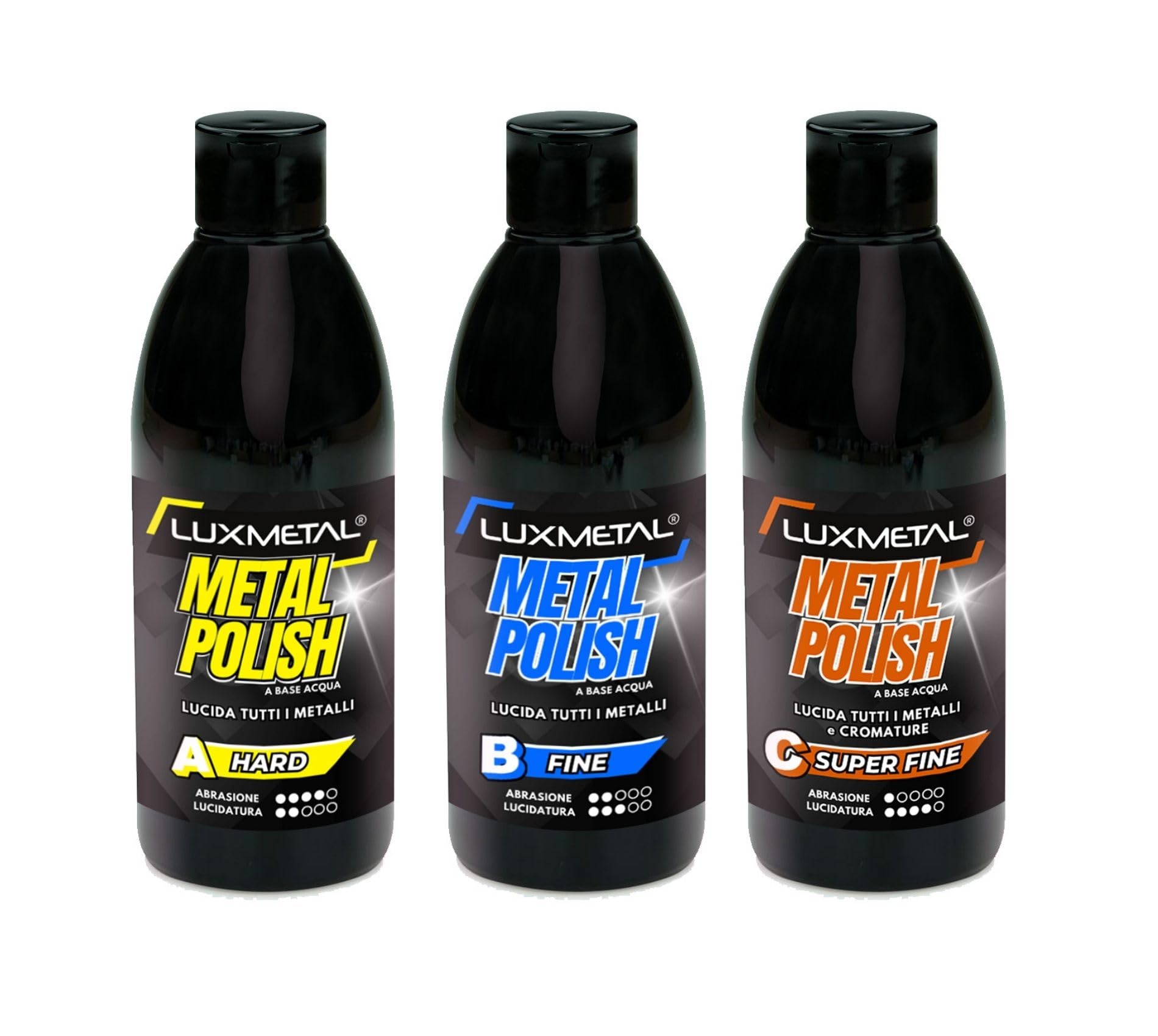 Lux Metal - Kit 3 Metal Polish Lucidante 250 gr A-B-C Hard Fine S. Fine - Pasta abrasiva lucida metalli acciaio inox alluminio ottone bronzo rame elimina graffi ossidazioni cromature auto carrozzeria