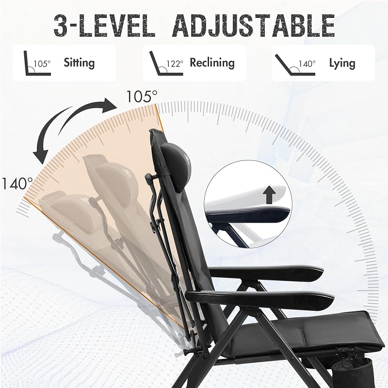 Portal Reclining Camping Chair with Adjustable Back, Black image 3