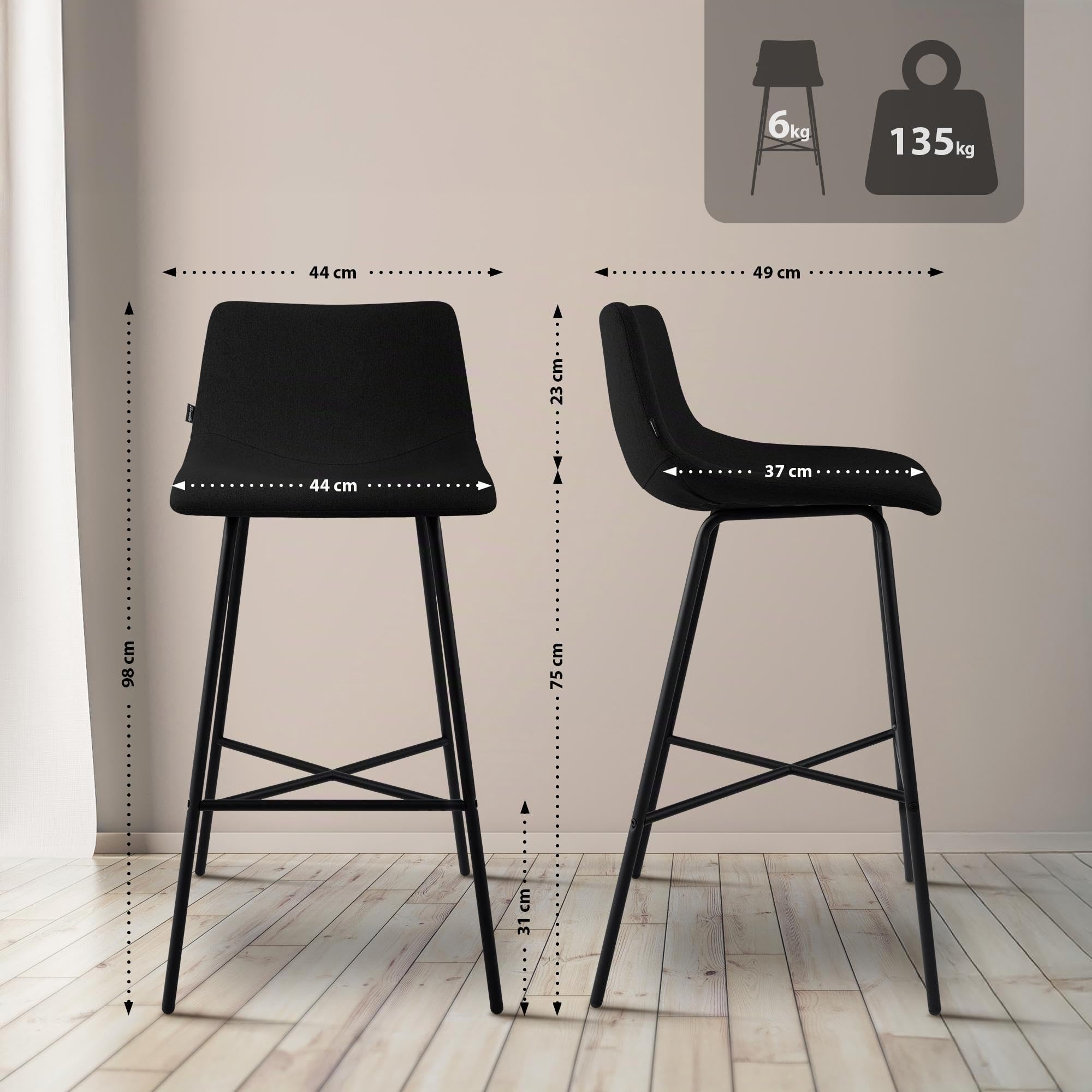 CLP Taburete de Bar Acolchado Altona, Silla con Respaldo y reposapiés, Taburete Moderno para Cocina, Estructura de Metal Negro Color Negro Material Tela