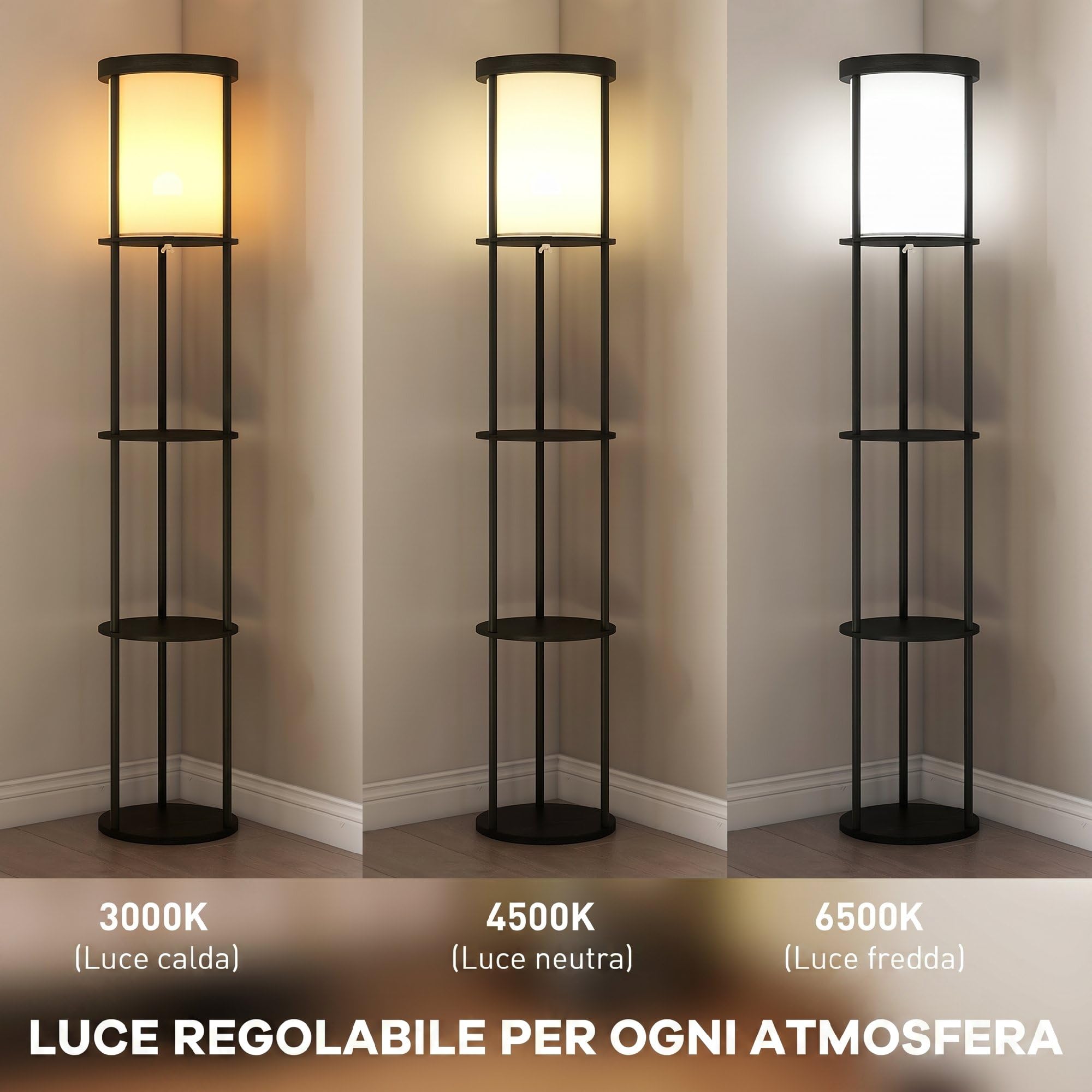 HOMCOM Lampada da Terra LED con Ripiani Rotondi, Piantana Moderna Nero | Paralume in Tessuto, Interruttore a Pedale e Telecomando, per Soggiorno e Camera da Letto