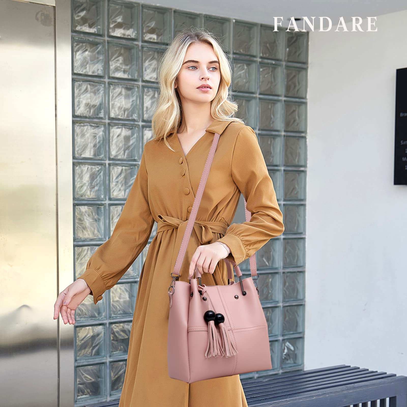 FANDARE Moda Borsa a Secchiello 3 Pezzi Set Borse a mano da donna Impermeabile Borse Tote da donna Borsa a mano con Frange PU Pelle Borsa a Tracolla con Catena per Shopping Viaggio Lavoro Rosa