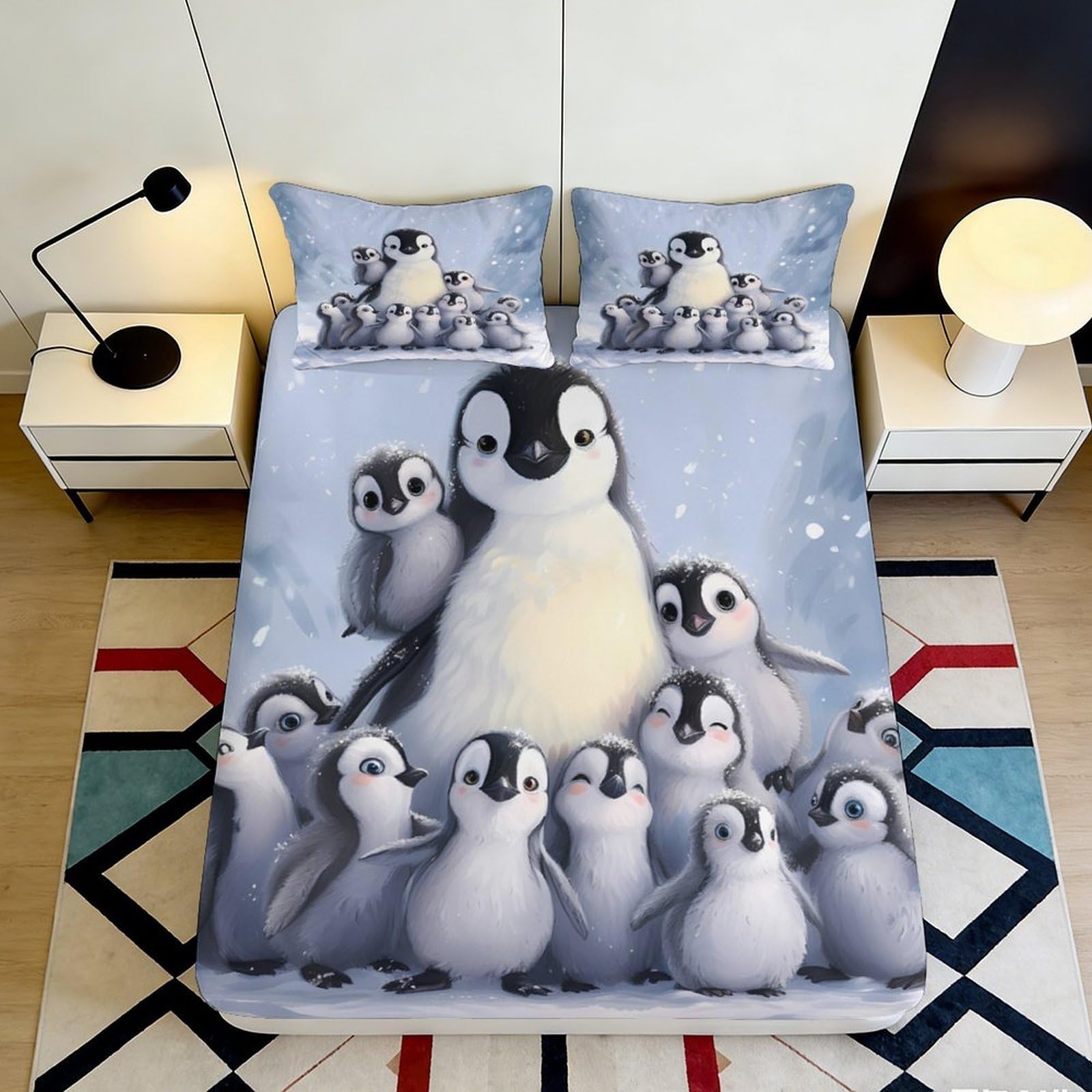 3D Printed Cute Penguin Family Fitted Sheet Microfiber Soft Blue Cartoon Mattress Cover for Bedroom Dorm Decorative Bedding 90x200x25cm