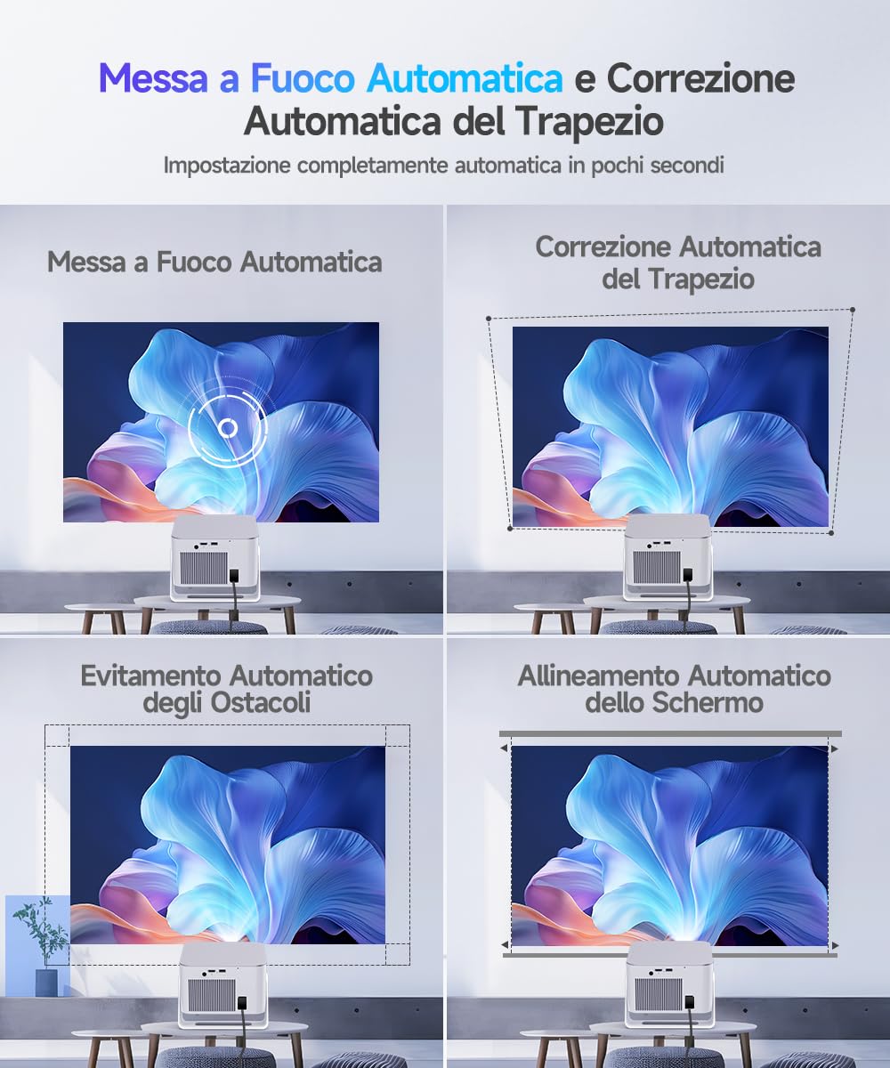 Alwtniet Proiettore Portatile 4K 8K [1080P Nativo e App Integrate] Mini Videoproiettore WiFi 6 Bluetooth 5.4 Android 14 Auto Keystone 6D/Auto Evita Ostacoli per Telefono, Smart TV, HDMI,USB HY350 Max