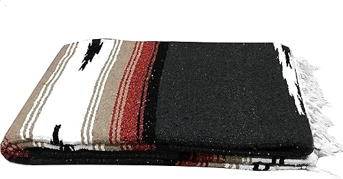 Open Road Goods Manta de yoga mexicana negra - Serape de diamantes gruesos con rayas rojas, marrones, tostadas y blancas