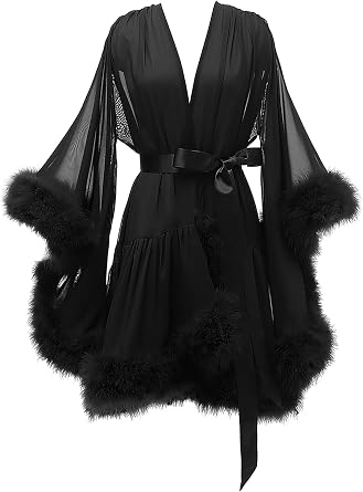 Yexinbridal Feather Fur Bridal Sheer Robe Chiffon الملابس الداخلية ثوب النوم ملابس النوم وشاح الزفاف بأكمام طويلة