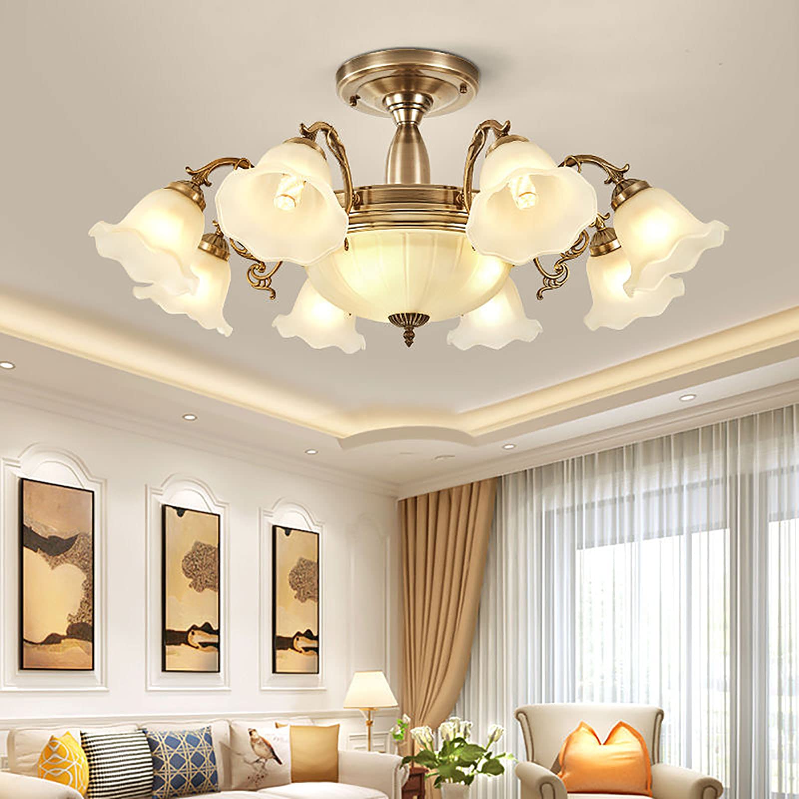 Sputnik lampa sufitowa w stylu rustykalnym z białym szklanym kloszem do salonu, kuchni i sypialni, E27 Jane O Warm American lampa sufitowa, półzagłębiony, kolor brązowy