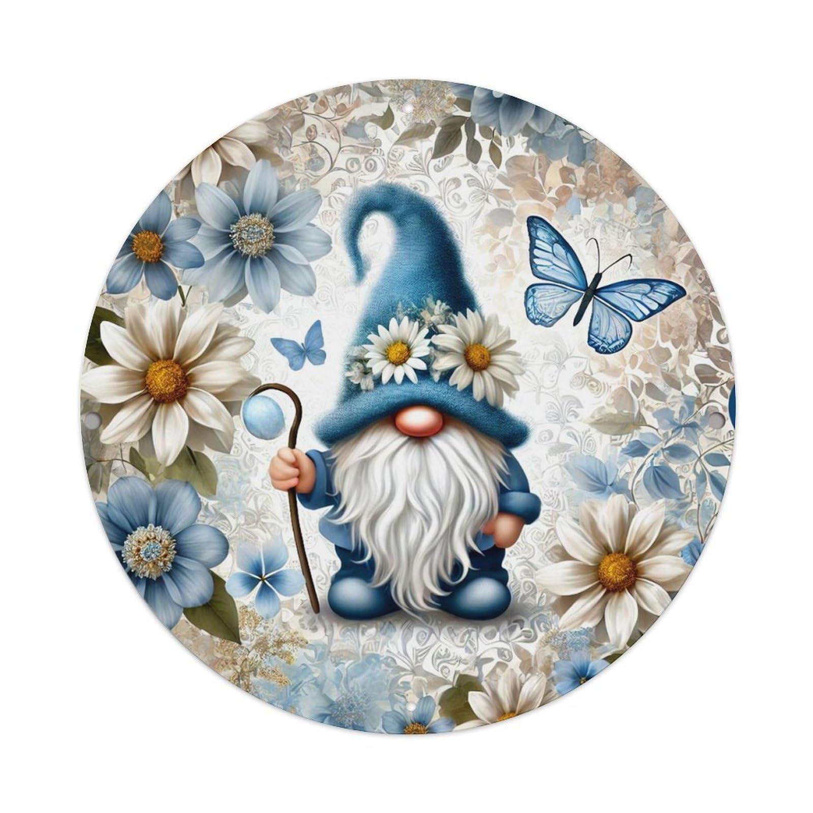 Jdyansheng Vintage Blue Gnome Floral Butterfly Pattern Tin Sign Metal Poster Metal Signs For Home Man Cave Bar Cafe Kitchen Laundry Room Wall Decorations 8X8 Inches