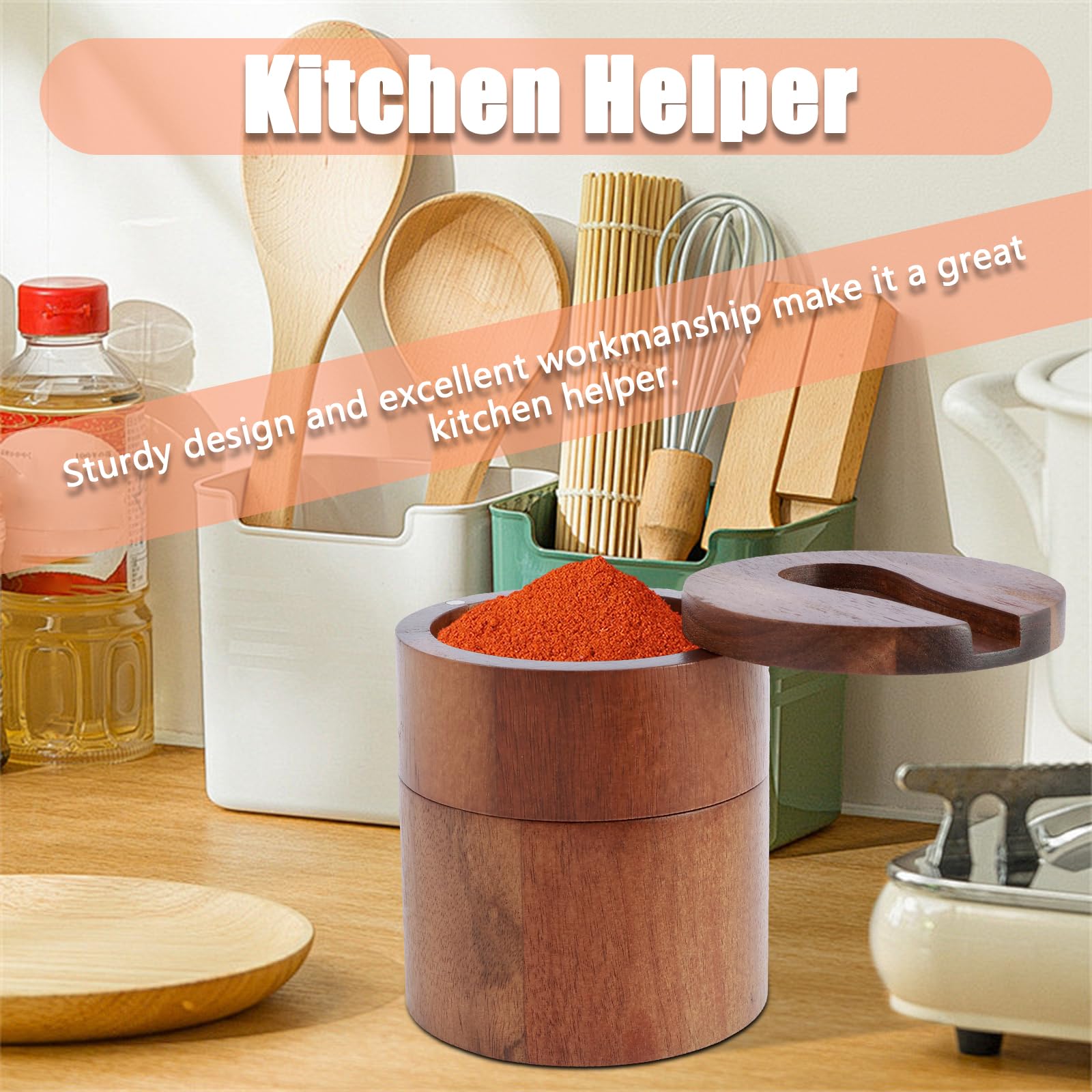 Salz- und Pfefferschale mit Löffel und magnetischem Drehdeckel, 2 Schichten, Akazienholz, Salzkeller, staubdicht, Gewürz-Aufbewahrungsbox, Gewürzdosen für Gewürze, Gewürze, Pfeffer, Meersalz