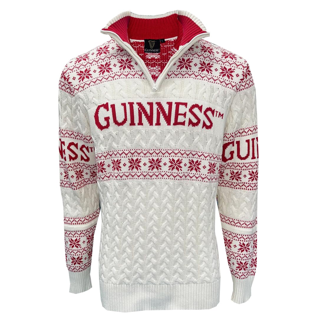 Guinness Quarter Zip Red/Cream Cable Knit Christmas Jumper (UK, Alpha, S, Regular, Regular)