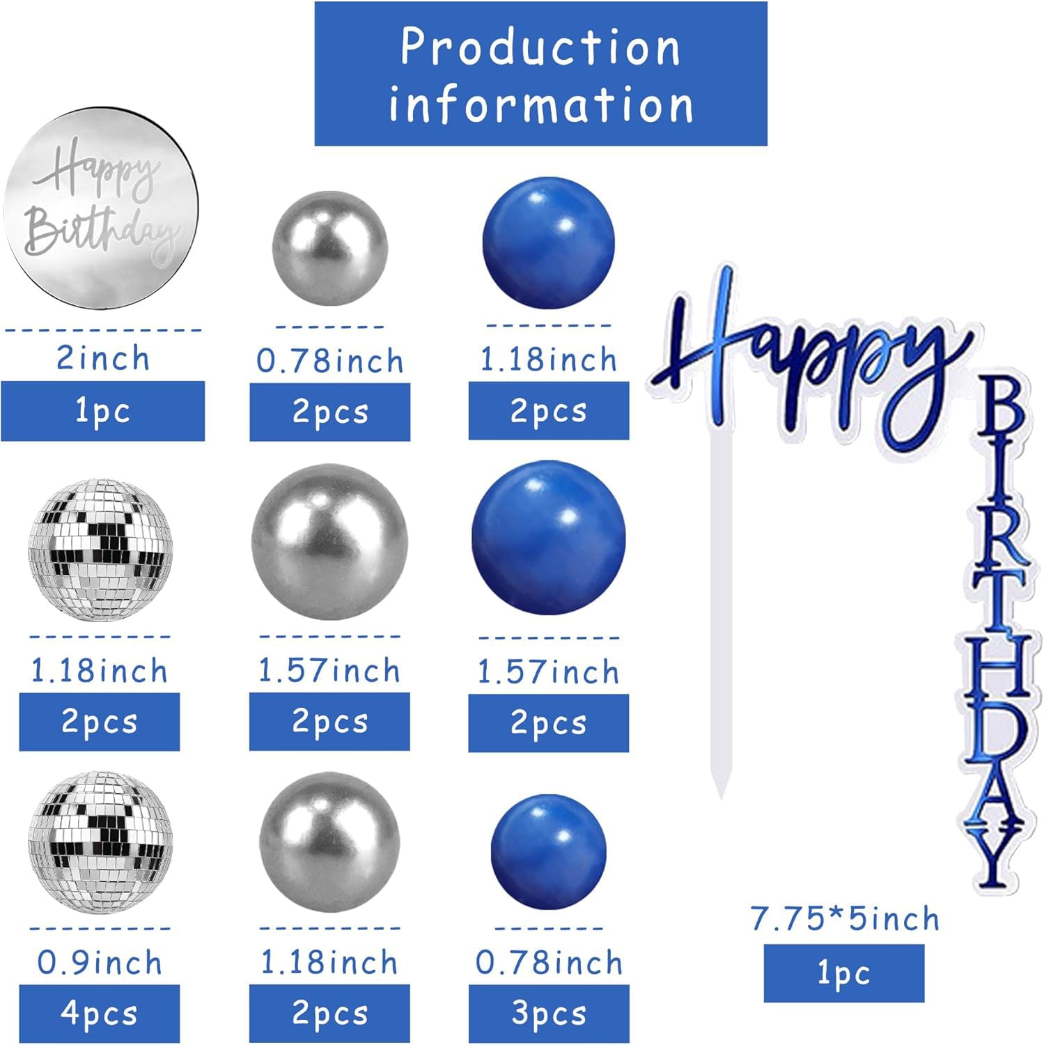 Disco Party Tortendeko – 21-teiliges Set Mit Discokugeln & Cake Topper | Blau & Silber | Happy Birthday