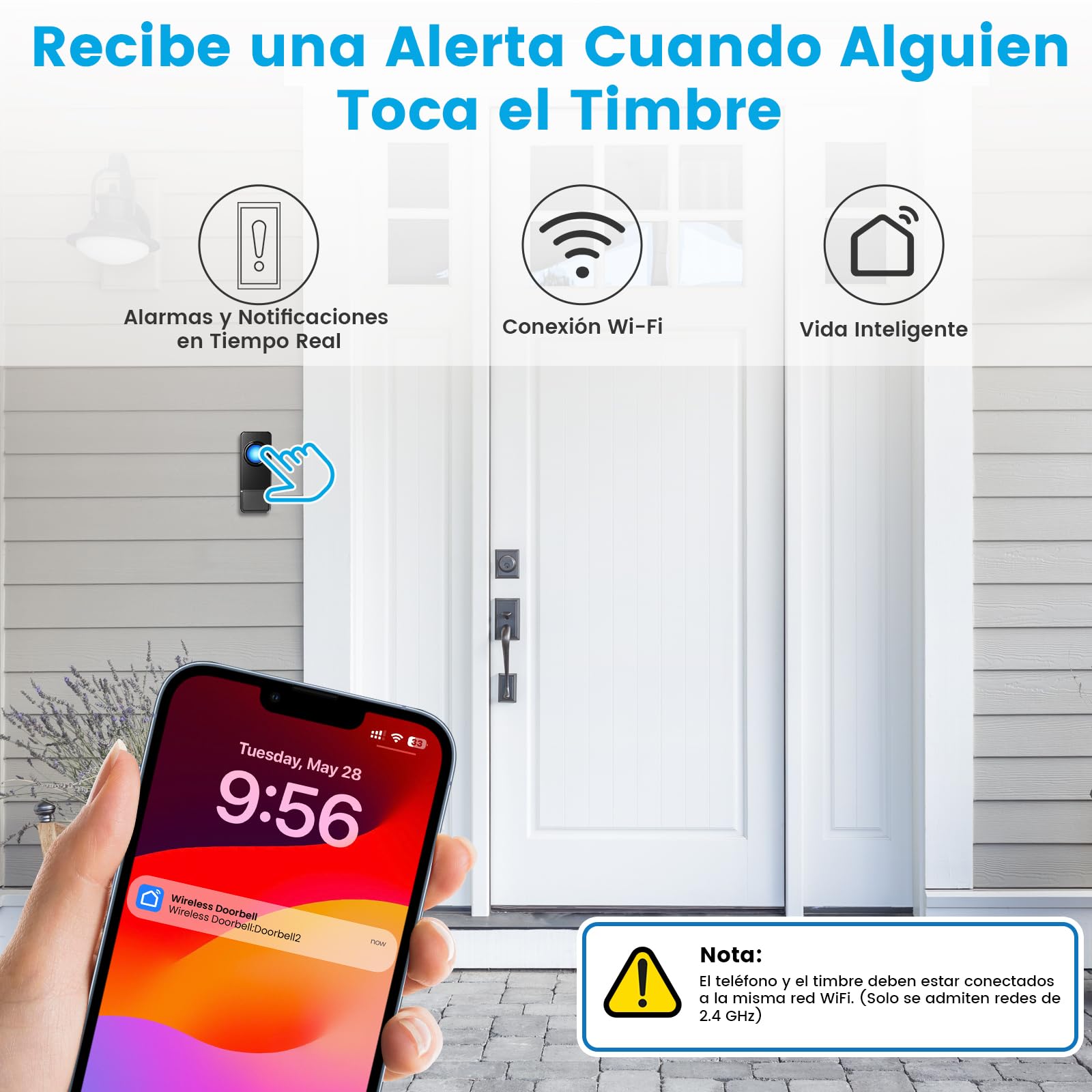 WiFi Timbre Inalámbrico Exterior Impermeable, Compatible con Aplicación Smartphone, Timbre Casa Fuerte 0-110dB 32 Melodías, Campainha Sem Fios Exterior Notificación Remota, Doorbell con Flash LED