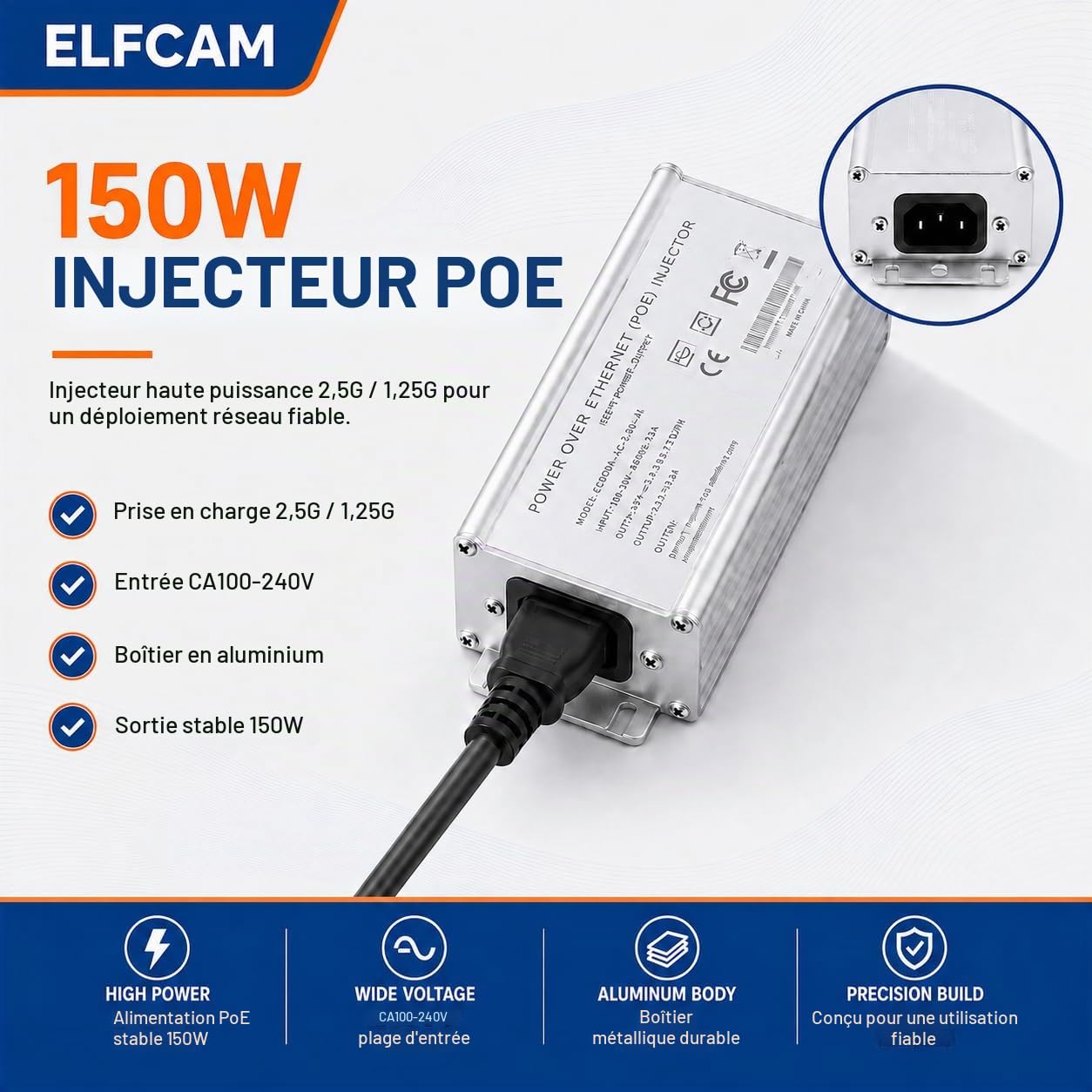 Elfcam - 150W PoE Injecteur 2,5Gb/1,25Gb pour Starlink Gen 3/2, Alliage d'Aluminium pour Une Excellente Dissipation de la Chaleur，Entrée 100-240V AC et Sortie 150W 48V-56V