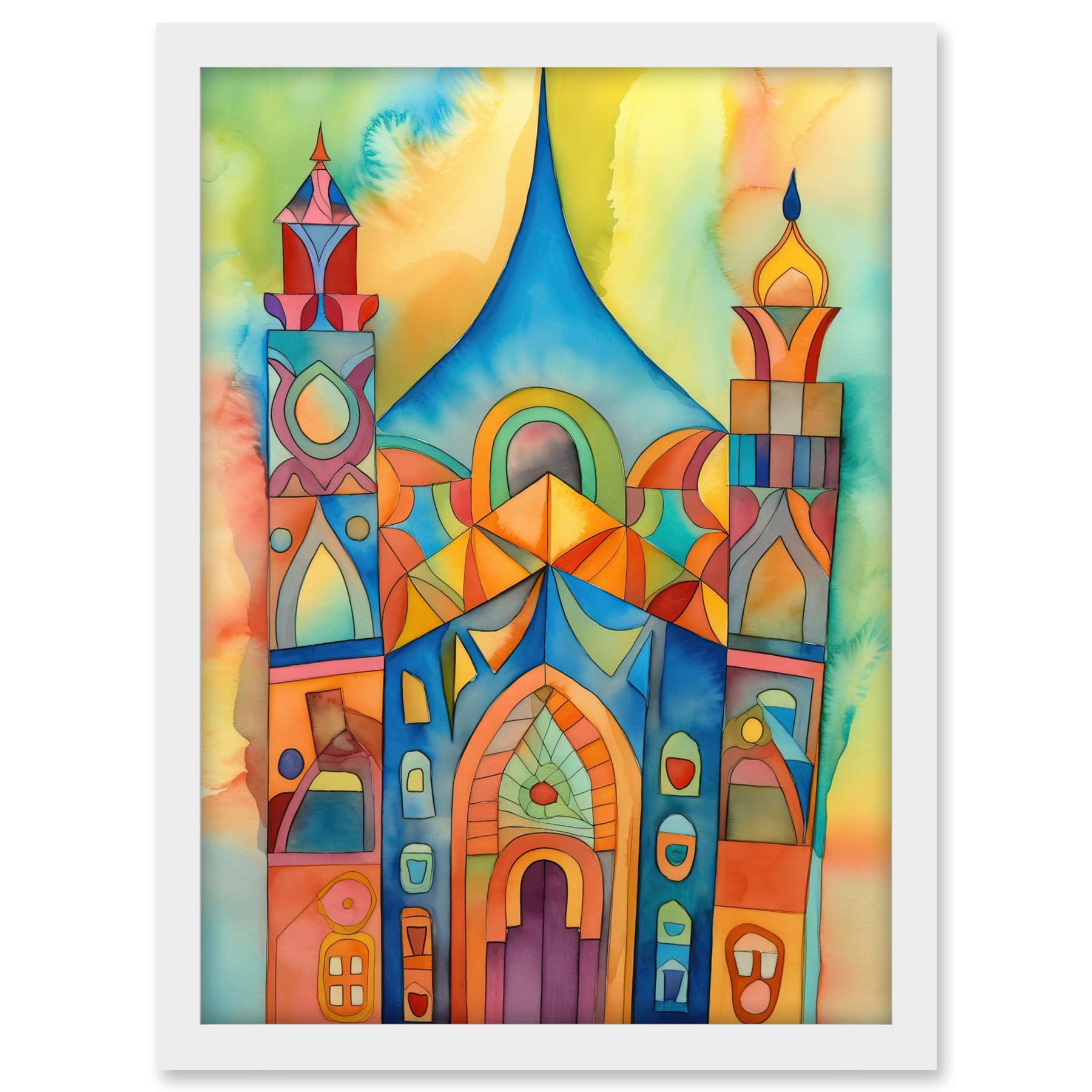 Artery8 Jewish Synagogue Building Multicoloured Folk Art Watercolour Painting Artwork Framed A3 Wall Art Print
