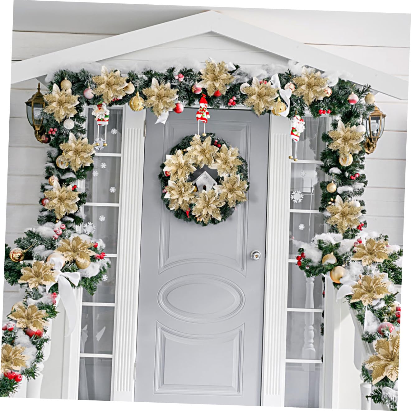 Alipis 12piezas Flores Poinsettia Brillantes para Decoración Navideña con Clips y Stems Adornos para Árbol De Navidad y Fiestas