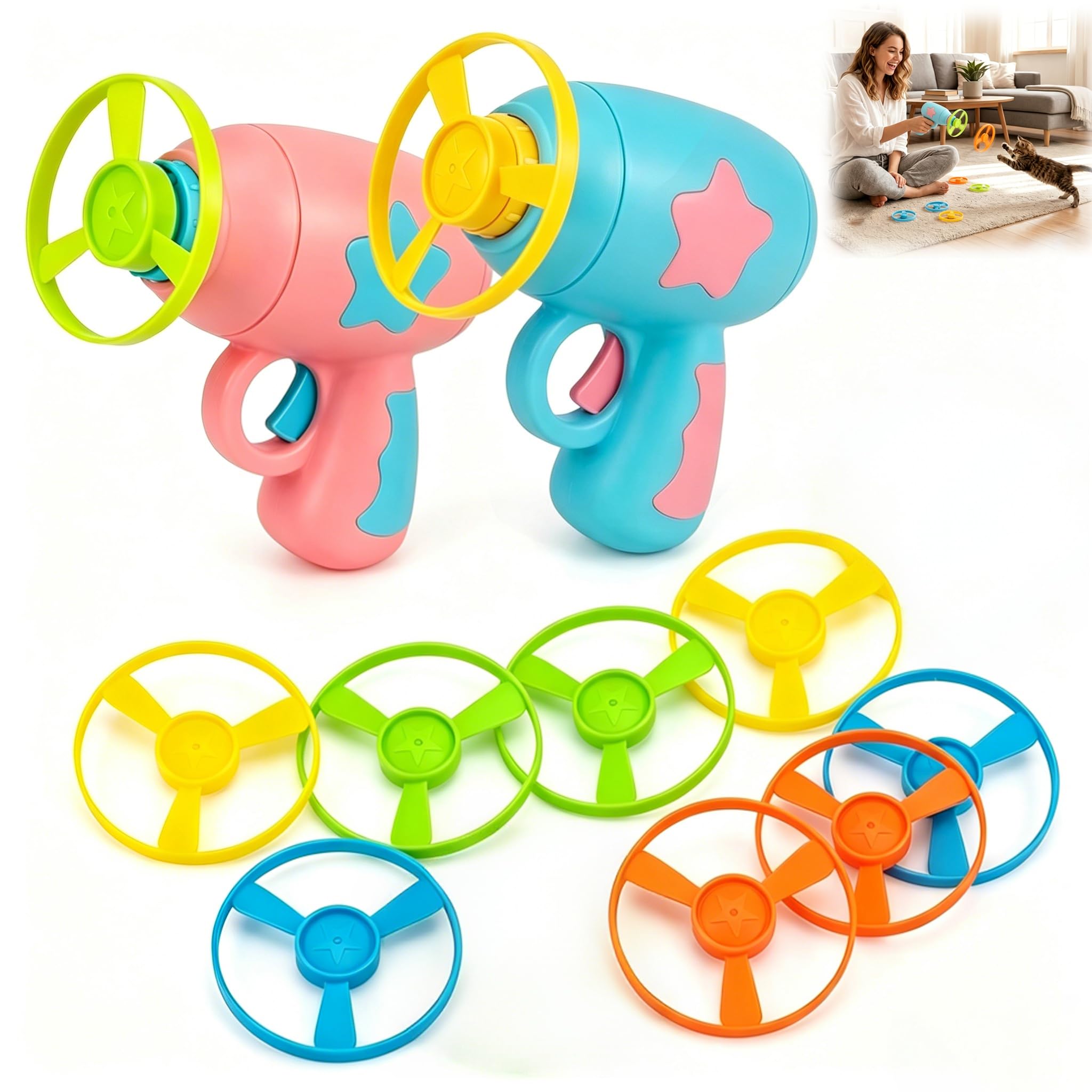 dravix Interactive Cat Toy, Flying Disc Launcher Toy with 2 Shooters (Pink & Blue) and 10 Colourful Propellers, Versatile Fetch and Chase Toy for Indoor and Outdoor Exercise, Pet Hunting Training Kit