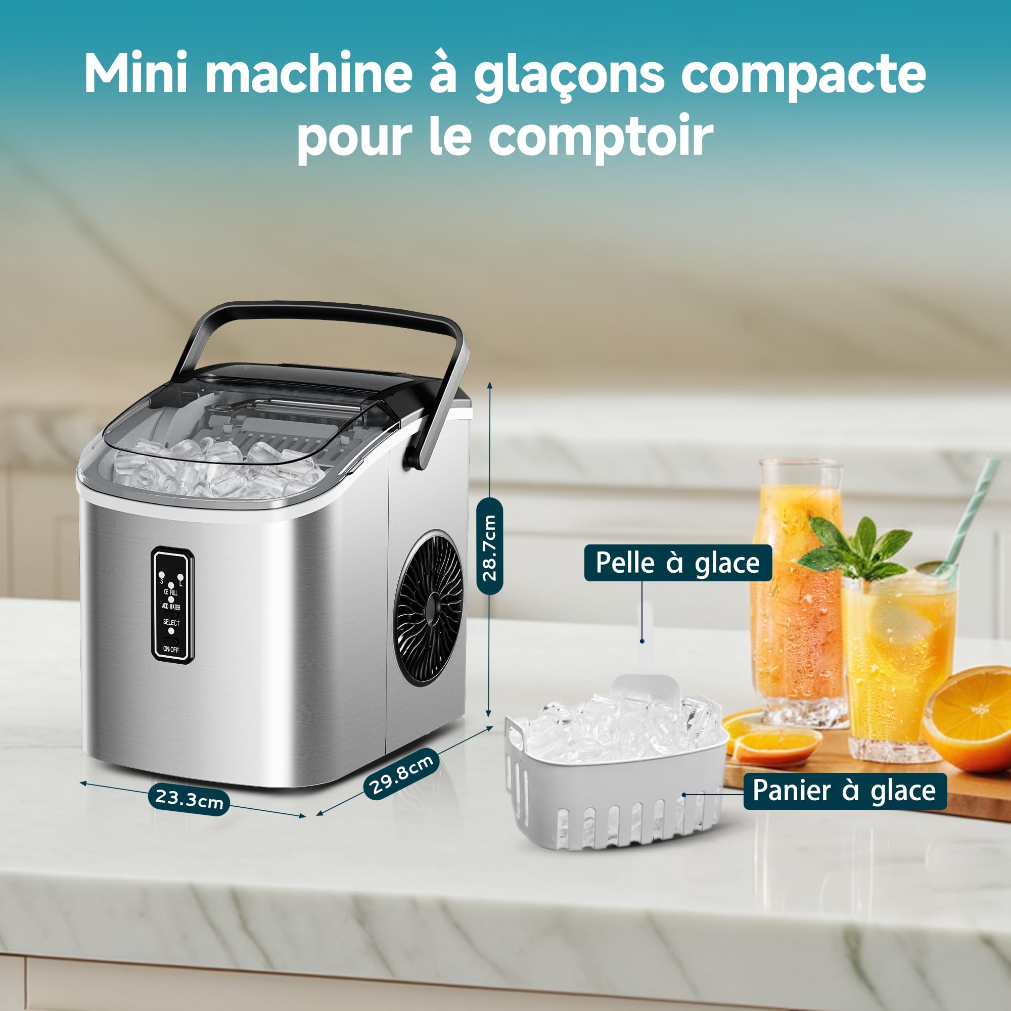 EUHOMY Machine à glaçons compacte - 9 glaçons prêts en 6 minutes - 12 kg/jour - Autonettoyante Avec poignée de transport, panier et pelle - 2 tailles de glaçons - Pour maison, cuisine, Bureau,argent
