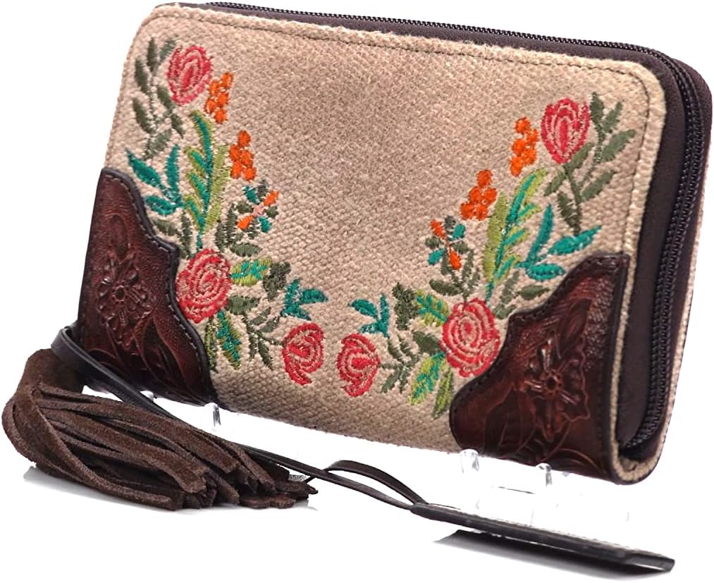 ARIAT Women's Clutch Audrey Collection Canvas Flower Fringe Handbag, Brown, One Size - Image 6