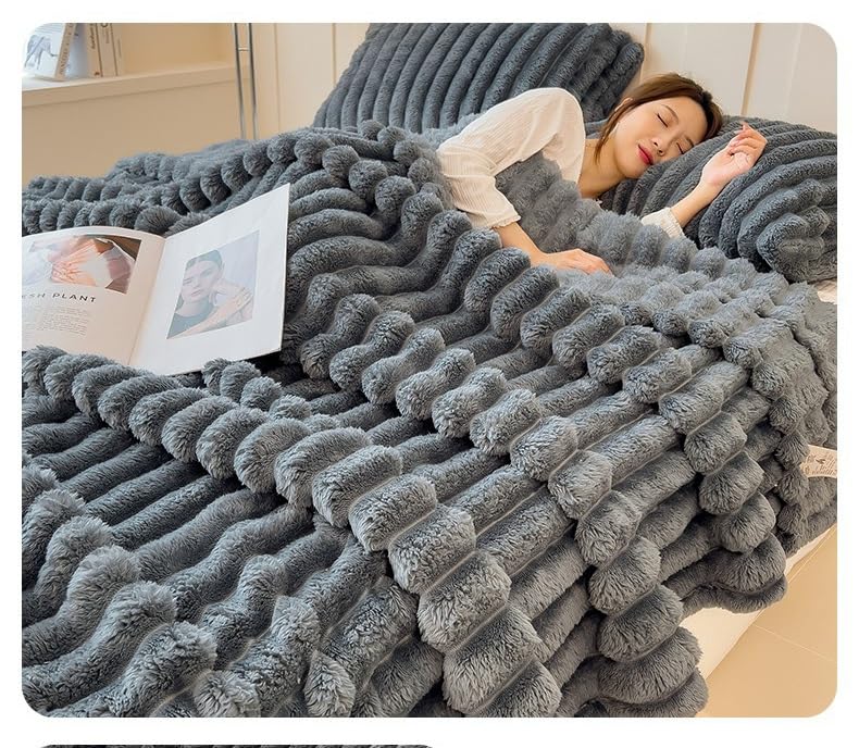 Plaid réversible élégant fausse fourrure haut de gamme pour sofa gris