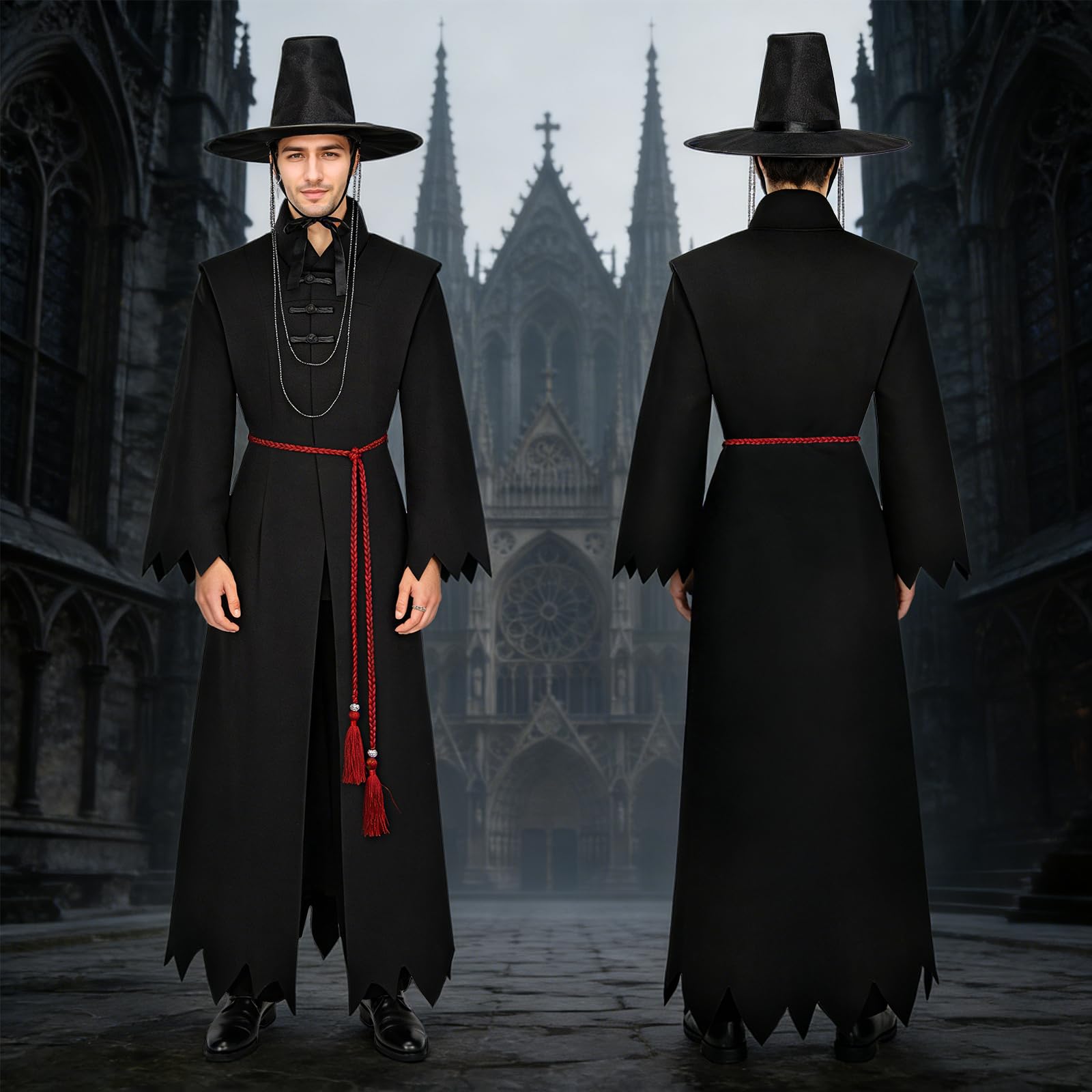 Costume Carnevale Uomo, Déguisement Cosplay per Adulti con Maglia, Pantaloni, Mantello, Cappello e Accessori Coordinati, Outfit Scuro e Misterioso per Halloween Carnevale Feste Tema Travestimenti