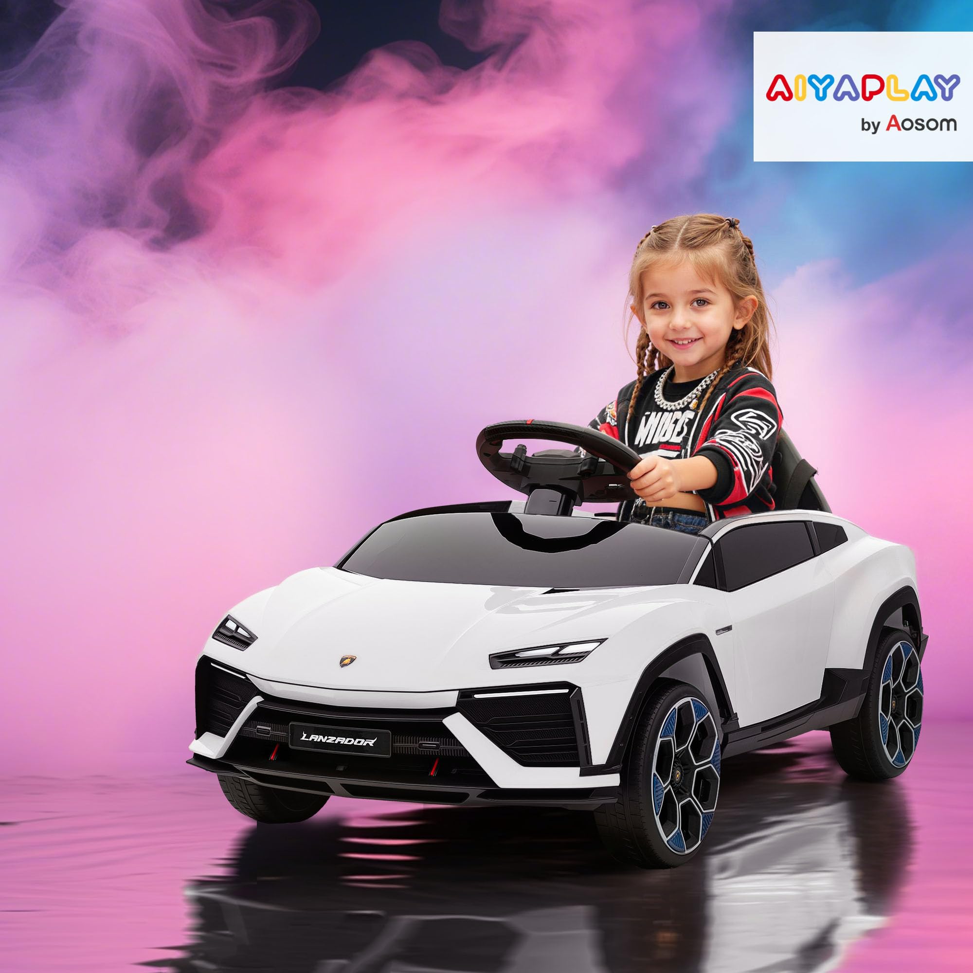AIYAPLAY Voiture Électrique Enfant Lamborghini 12V Vitesse 4 km/h Blanc | Télécommande 2,4G, 2 Moteurs, Véhicule Électrique avec Phares LED, MP3, Klaxon