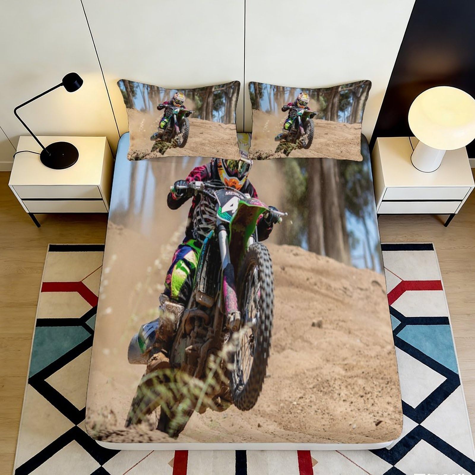 3D Printed Motocross Racing Fitted Sheet Microfiber Soft Breathable Dirt Bike Mattress Cover for Bedroom Dorm Decor 90x200x25cm