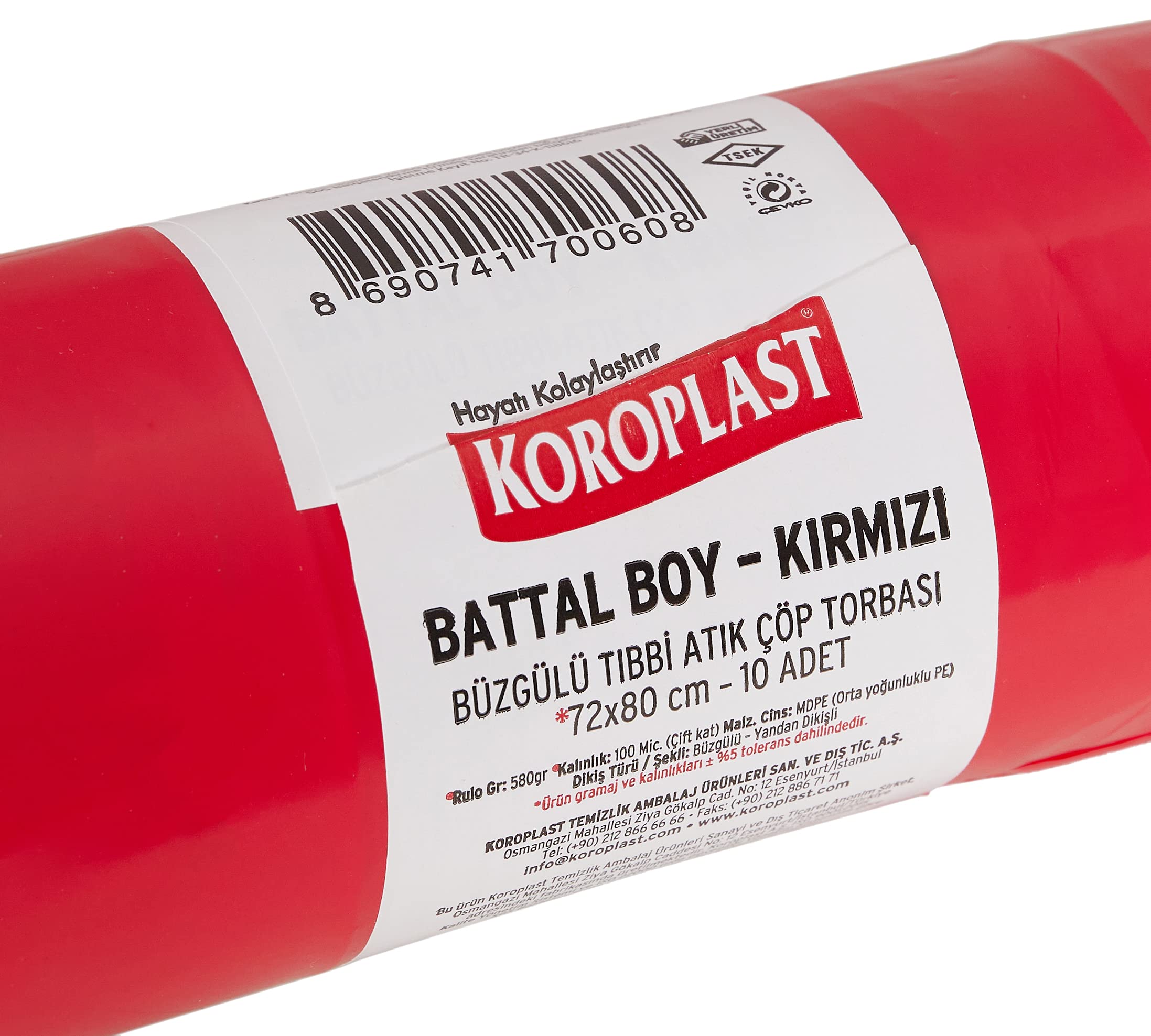 Koroplast Büzgülü Tıbbi Atık Poşeti Battal Boy 72x80 cm, 10x10'lu Sızdırmaz Yırtılmaz Profesyonel Çöp Poşeti, Geri Dönüştürülebilir Kolay Bağlanır Tıbbi Atık Torbası, Hastane Klinik Büzgülü Çöp Poşeti