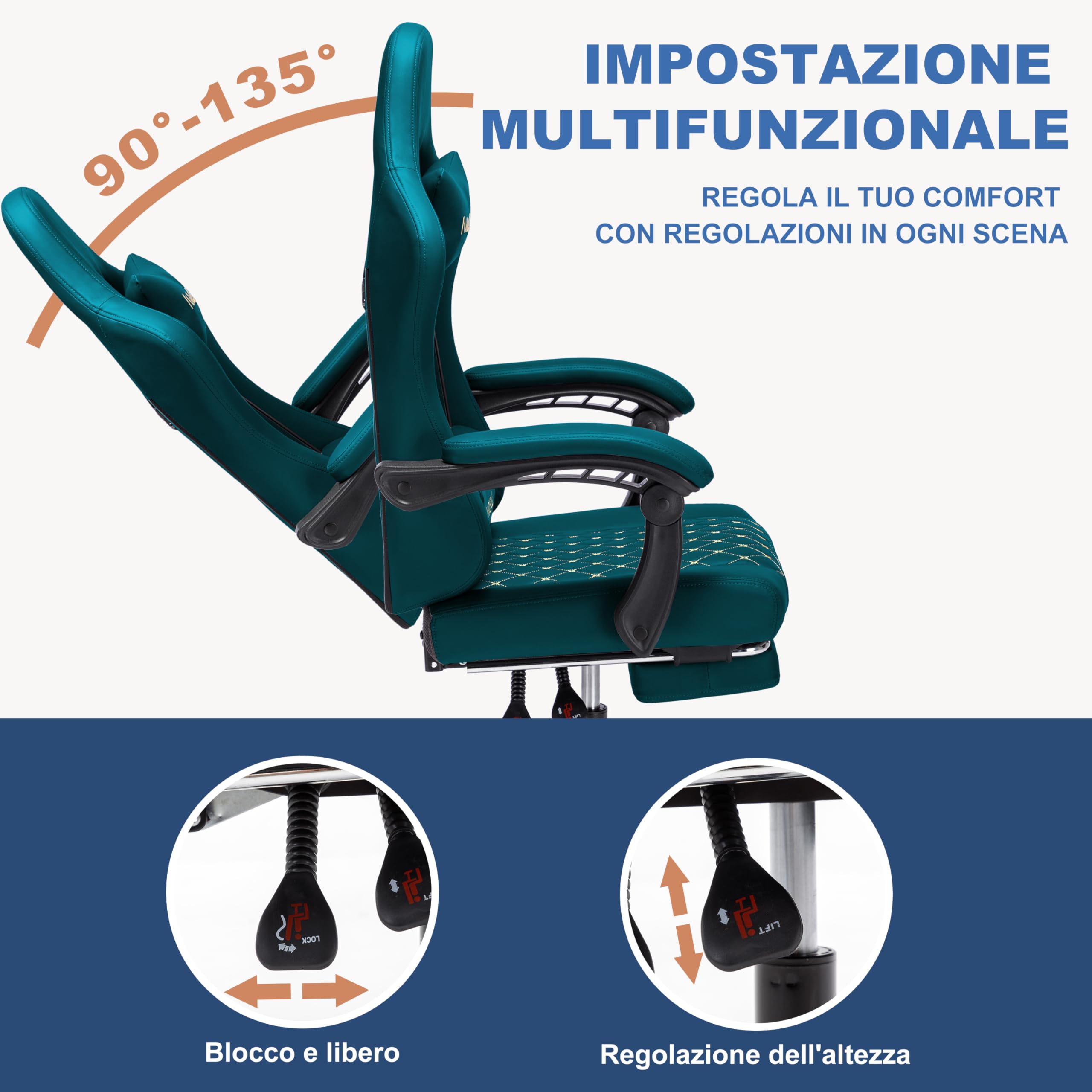 Andyou Silla Gaming Ergonómica Profesional con Soporte Lumbar - Silla Gamer para Adulto, Giratoria y Reclinable con Reposapiés Ajustable y Tela Transpirable, Soporte 150 kg para Oficina y PC