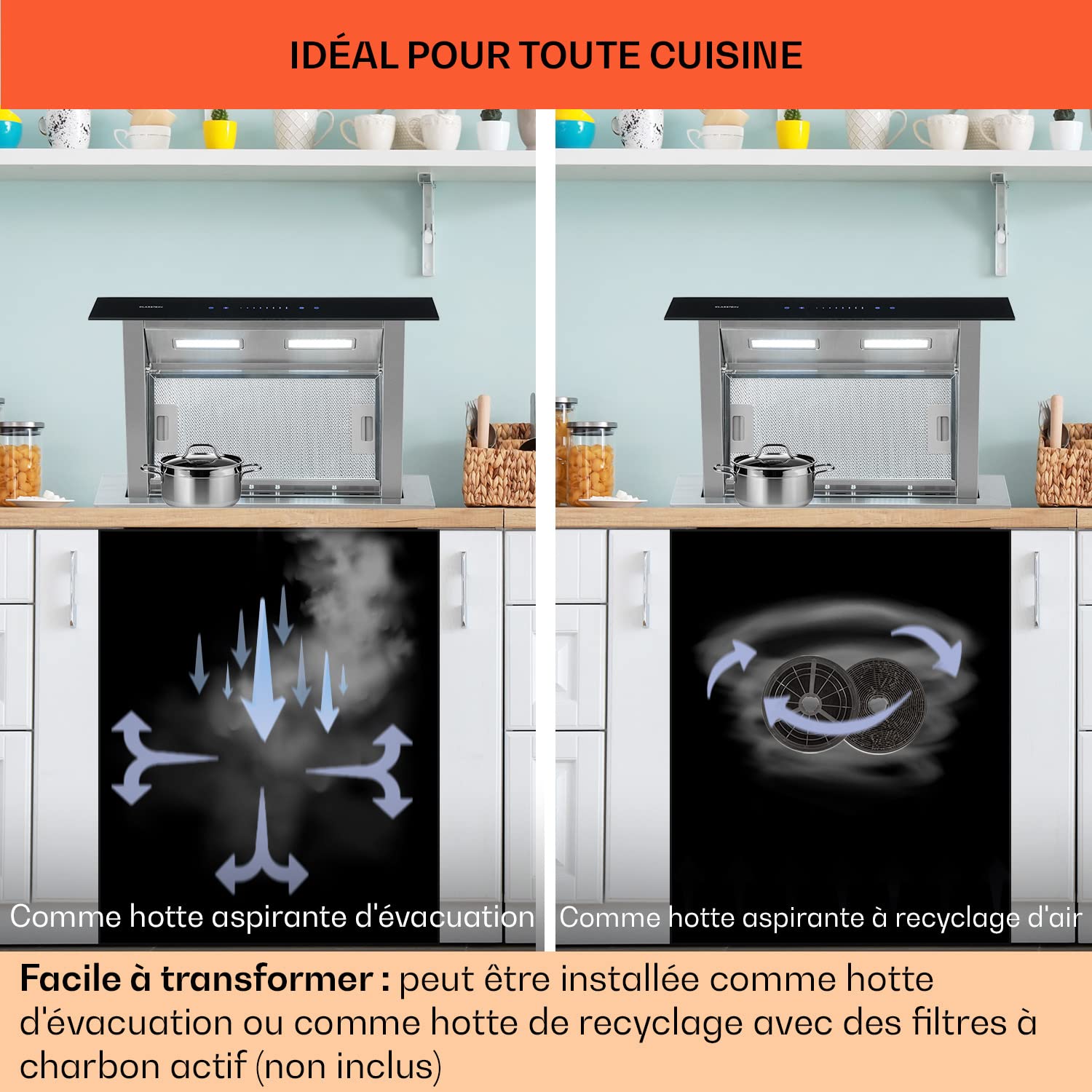 Klarstein Downdraft Hotte Aspirante, Encastrable et Silencieuse pour Cuisine, Débit d'Air 485m³/h, Filtres Inclus, 4 Modes de Ventilation, Mode Recirculation en Option, Minuterie, Sans Evacuation