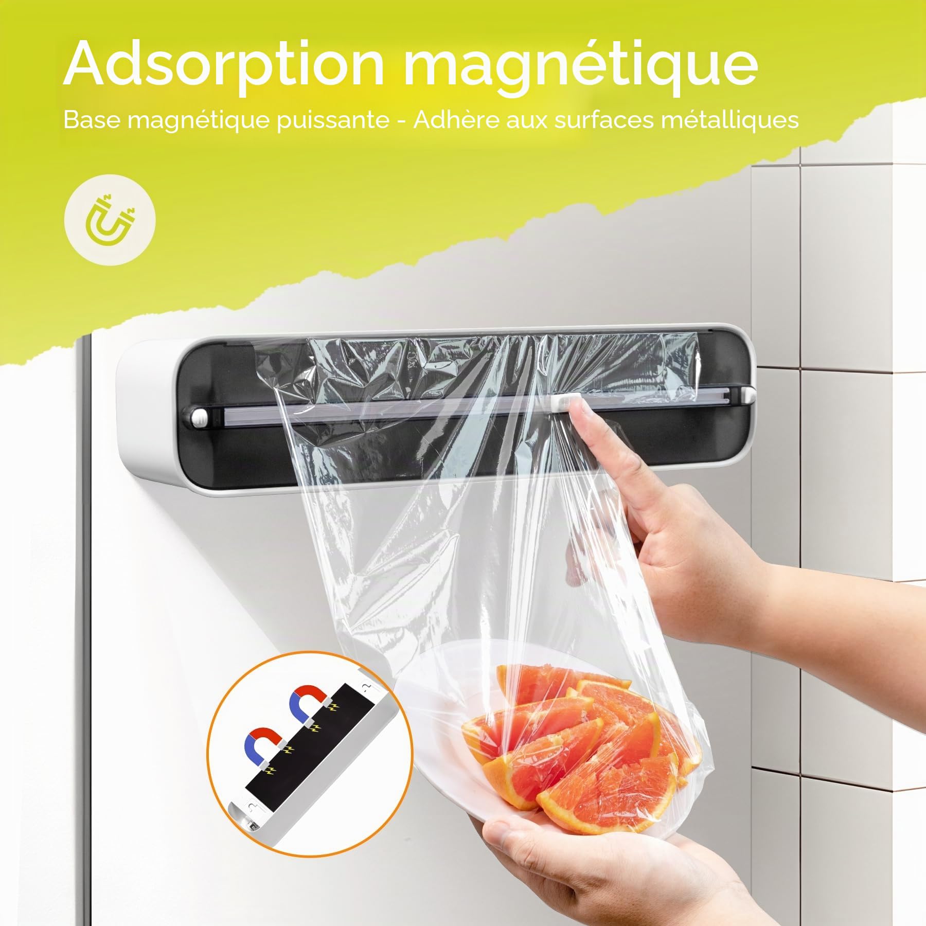 Derouleur Film Alimentaire avec Coupeur - Organisateur de Cuisine Magnétique et Adhésif Sans Percer, Distributeur Papier Aluminium et Film - Gain de Place pour Rouleaux Jusqu'à 300m, Noir