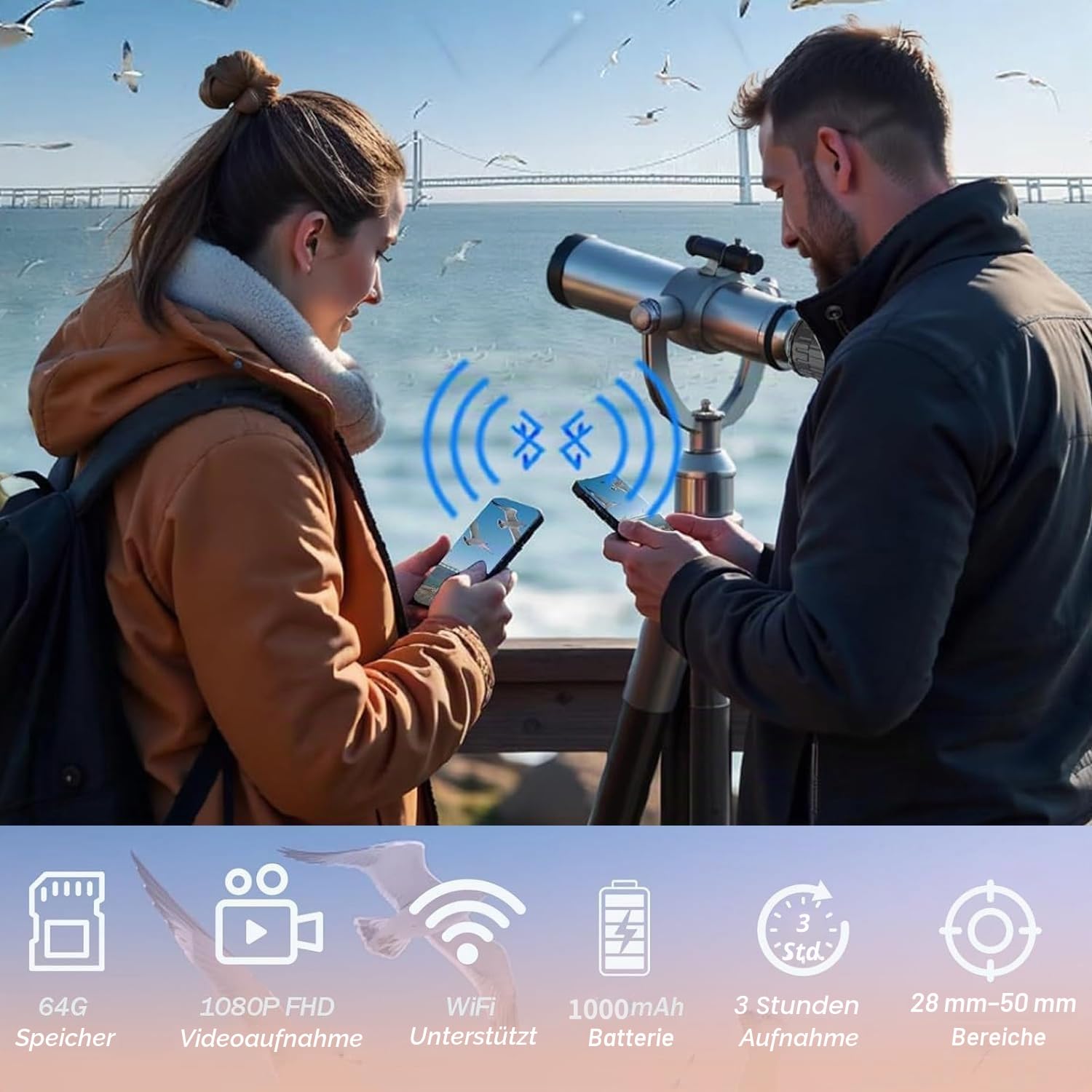 WiFi-Okularkamera,mit 1.5-Zoll-Bildschirm, 2.5K-Video,1920 x 1080 Pixel, geeignet für 24-50 mm optisches Teleskopmikroskop und Monokular-Fernglas, mit 64GB Speicherkarte