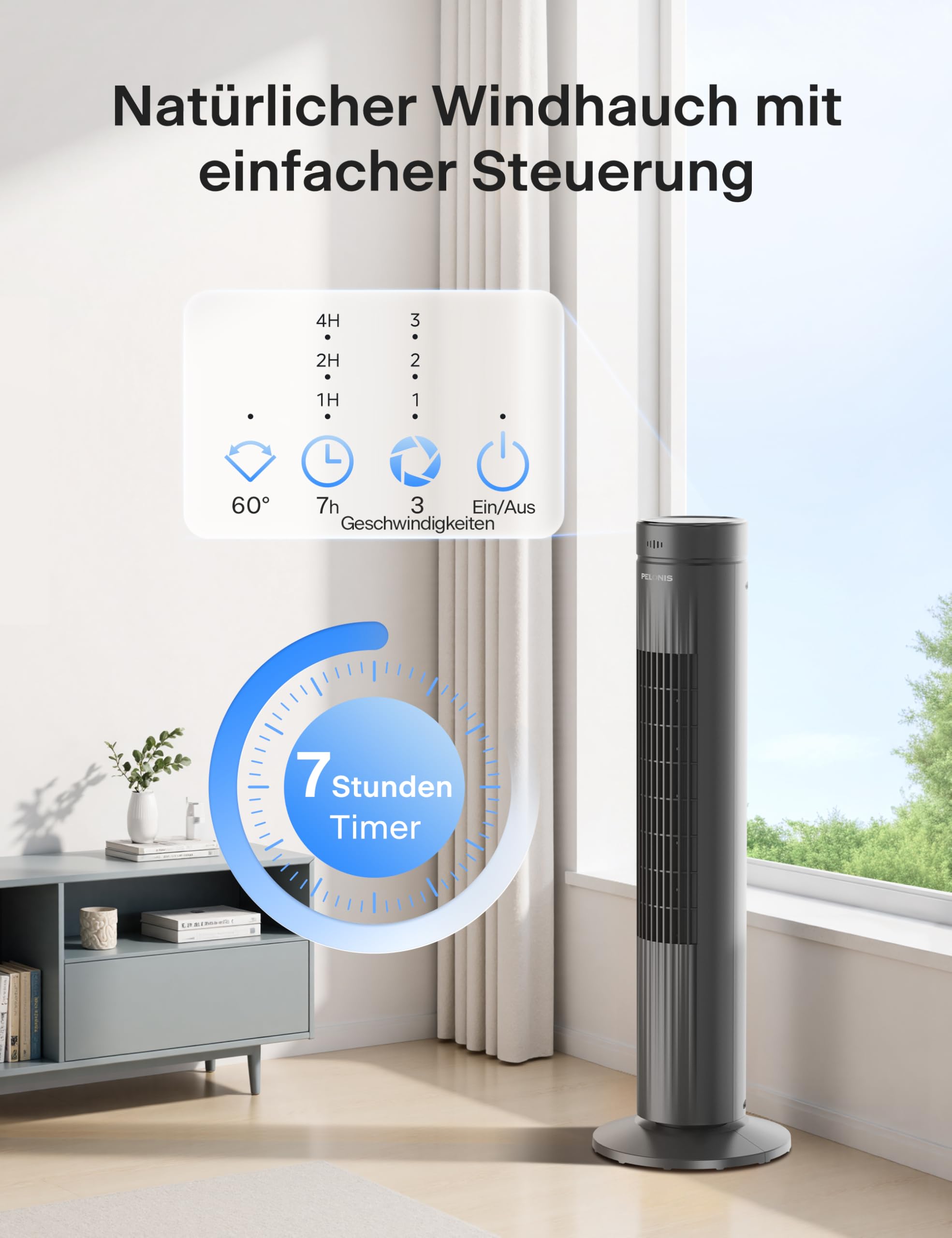 Pelonis Turmventilator mit Fernbedienung, 3 Geschwindigkeiten, 7-Std-Timer, 3 Modi, leiser Ventilator für Schlafzimmer