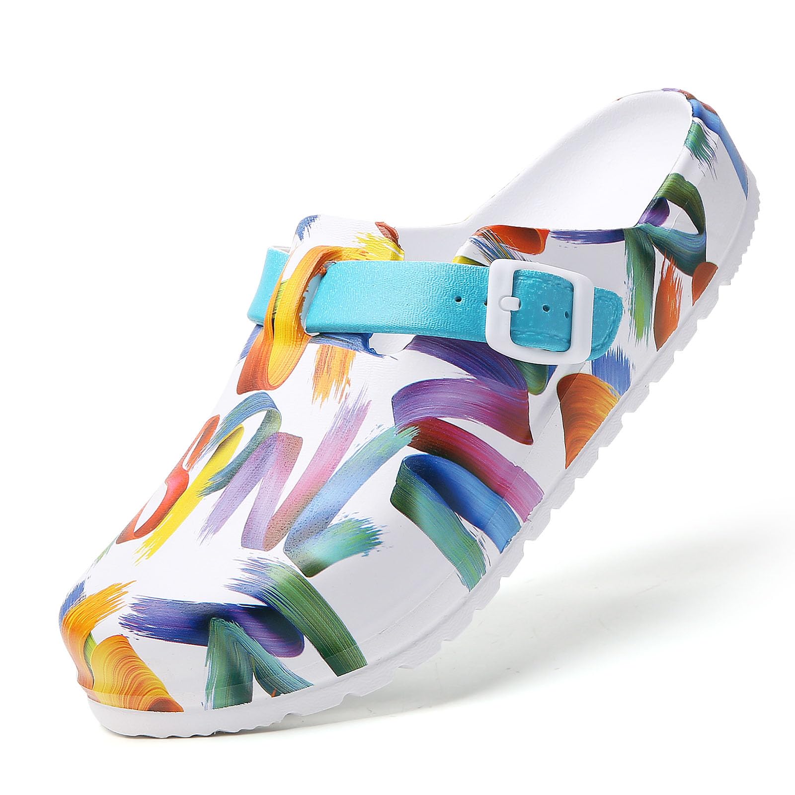 SECHRITE Zuecos de trabajo para mujer, con soporte de arco, antideslizantes, antideslizantes, para jardín, enfermera, chef, cocina, zapatos acolchados estampados