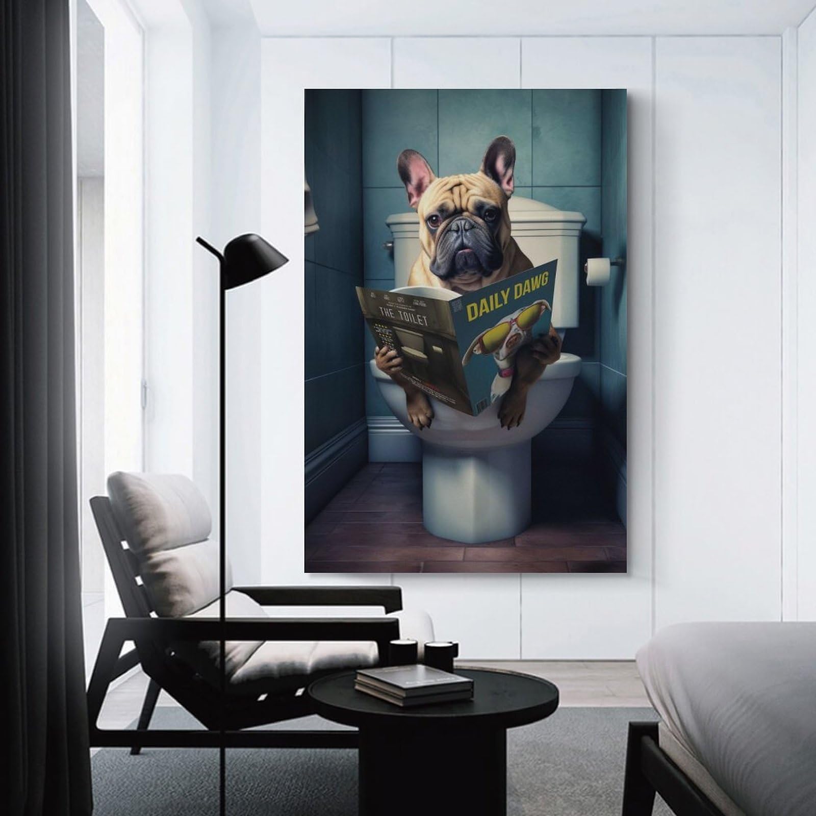 Junmoney Unframe-Style-21 French Bulldog In Bathroom Canvas Wall Art 12X18inch(30X45cm), For Workspace Walls, Study Corners Or Bedrooms, Wall Art That Adds Style To Work Areas