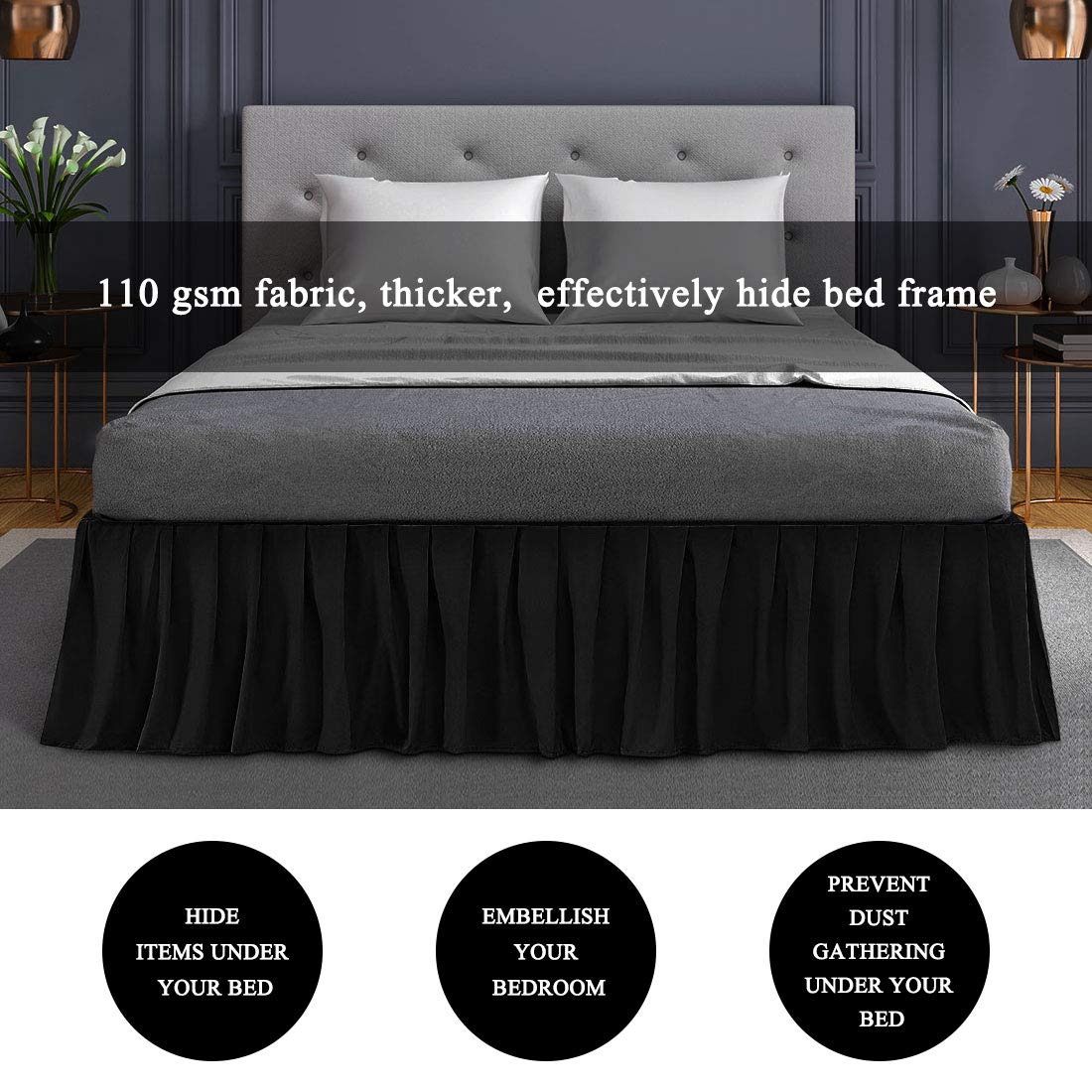 PiccoCasa - Gonna per letto con ruches in poliestere spazzolato di qualità hotel, durevole, resistente alle rughe e allo sbiadimento, per camera da letto, 45,5 cm, colore: Nero