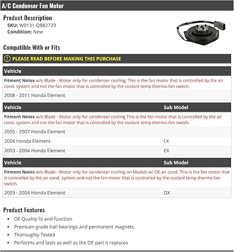 Motor del ventilador del condensador del A/C (sin aspas del ventilador) - Compatible con Honda Element 2003-2011