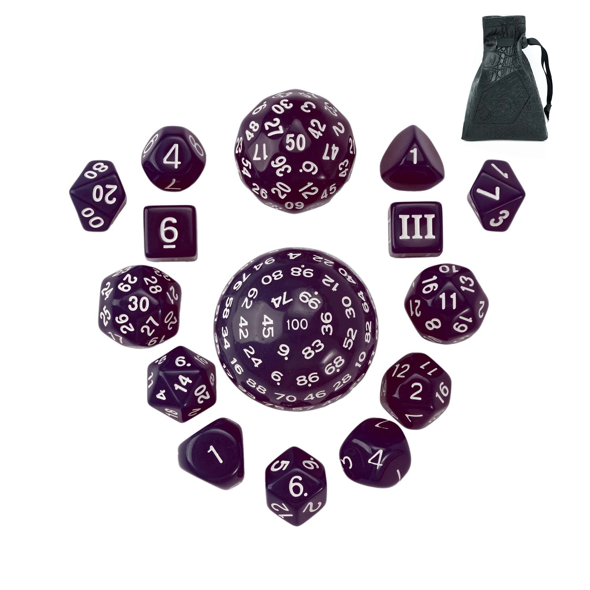 Poludie 15 Pieces Complete Polyhedral DND Dice Set D3-D100 Spherical D&D Dice Set with Dragon Eye Dice Bag, D100 Dice for RPG Table Games(Purple w/White Numbers)