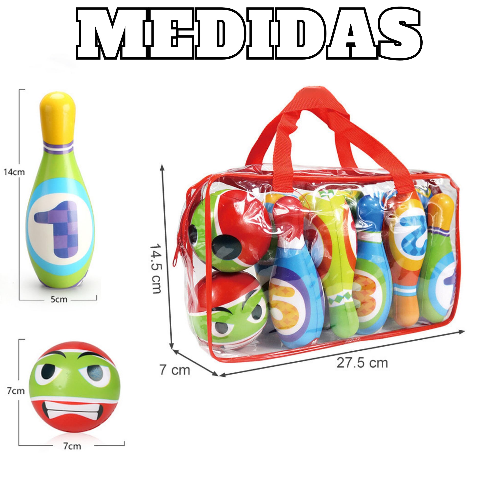 Juego de BOLOS INFANTILES - Juguetes niños 2 años a 4. BLANDO Y SEGURO. 10 Bolos de Gomaespuma de 14cm + 2 Bolas | Incluye Bolsa de Transporte. Para interior y exterior | Regalo niño 2 años a 4 |