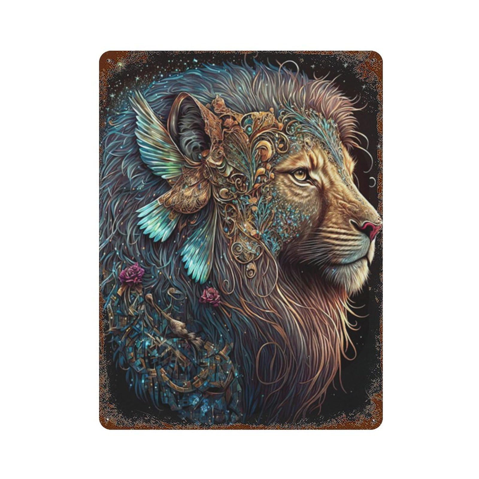 Fantasy Lion Art Print-6 Rust Effect Tin Sign 15.7"x11.8", Rustic Home Decor for Garage, Pub Or Kitchen