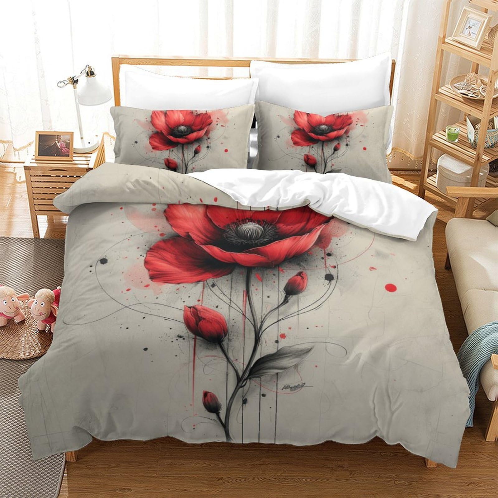 Parure de couette fleurs rouges 3D parure de lit microfibre 200x200cm ado enfants
