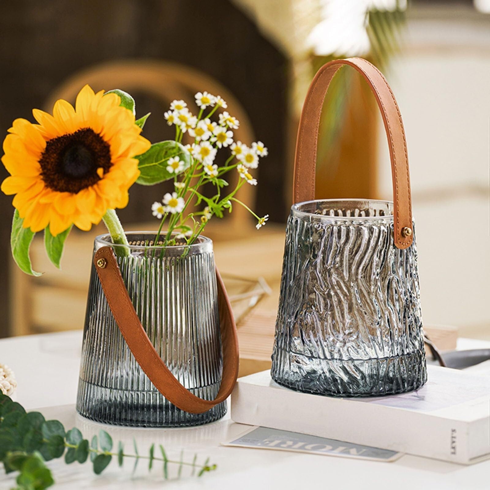 Vasi per fiori Vasi in vetro Vaso alla moda con manico Decorazione for soggiorno Centrotavola(Grey C,H 17.5CM)