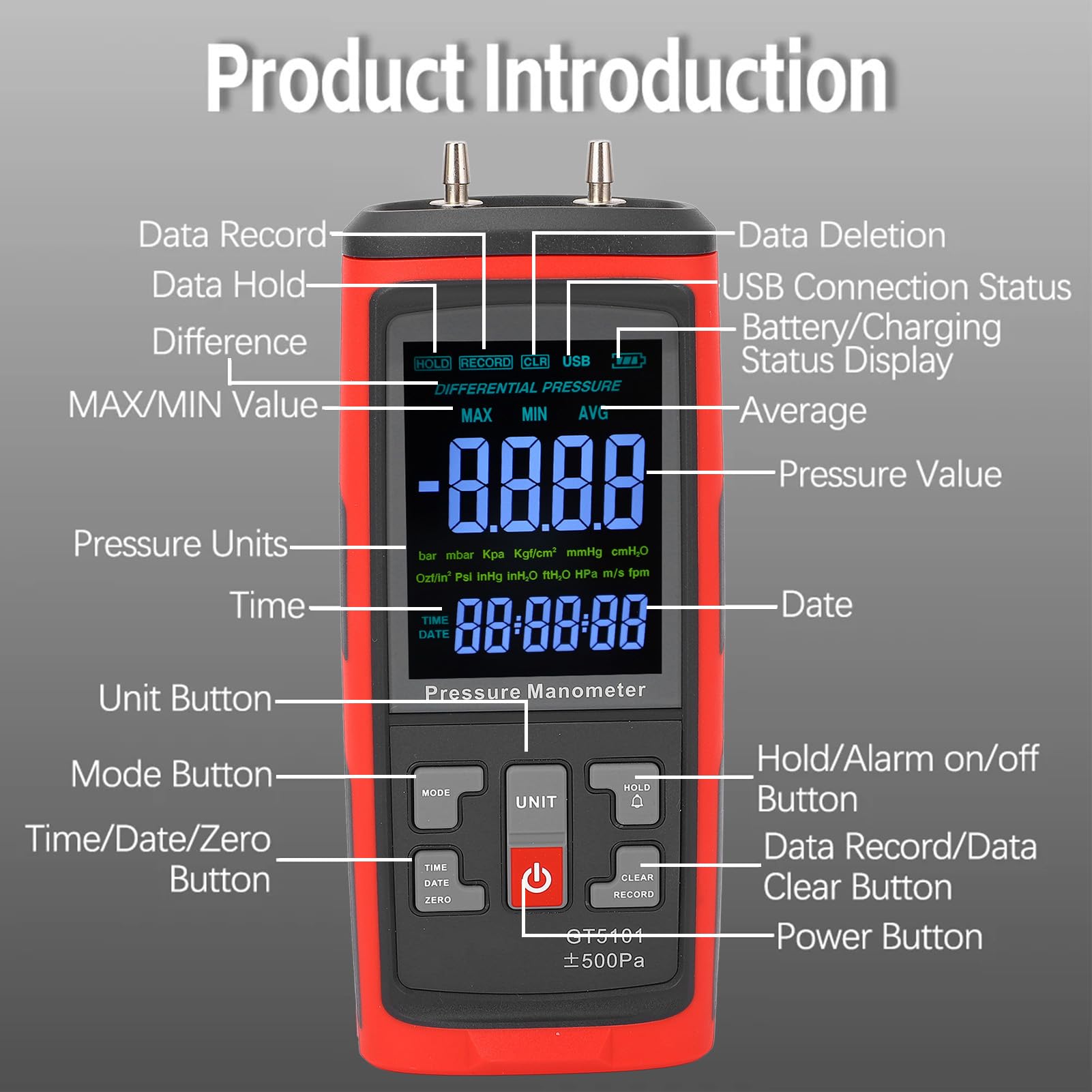 ViaGasaFamido Manómetro Digital, Probador Profesional de Presión de Gas HVAC de Doble Puerto con Manómetro Diferencial y Pantalla LCD Retroiluminada, para Medición y Calibración de Gas