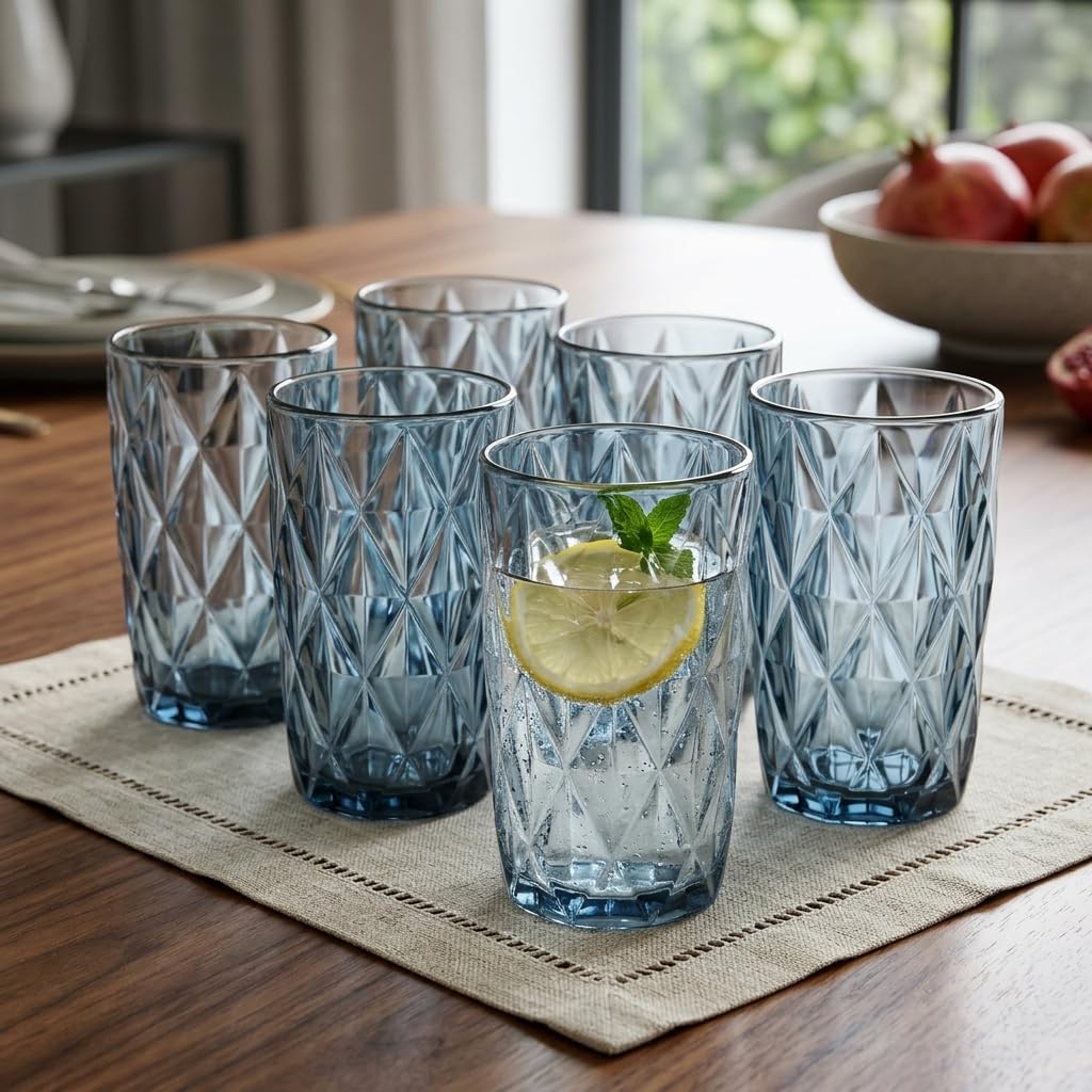 Deconox 6'lı Mavi Cam Bardak Seti - Vintage Kabartma Desenli Su, Meşrubat ve Kokteyl Bardağı Takımı (400 ml)