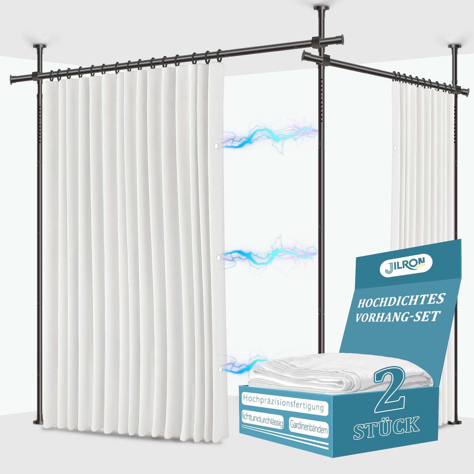 JILRON Lot de tringles à rideaux sans perçage, idéal pour les locations et les chambres à coucher (2 rideaux blancs : H 213 x L 270 cm, tringle : H 109-305 x L 182-508 cm)
