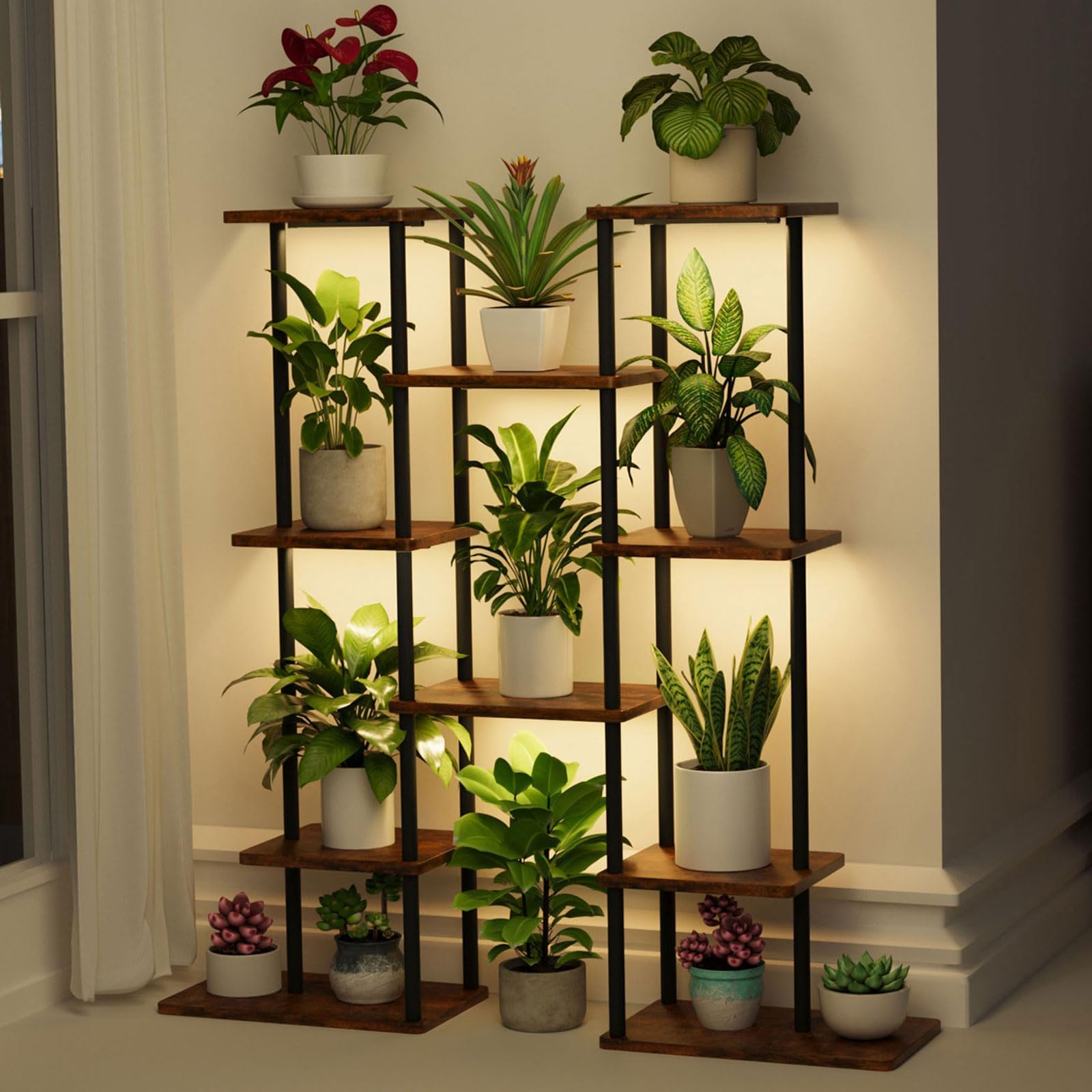 BACEKOLL Plant Stand Indoor with Grow Lights, 6 Tiered Metal Plant Shelf, 47" Tall Plant Stand for Indoor Plants Multiple, Corner Plant Holder Display Rack, Flower Shelves for Living Room, Patio