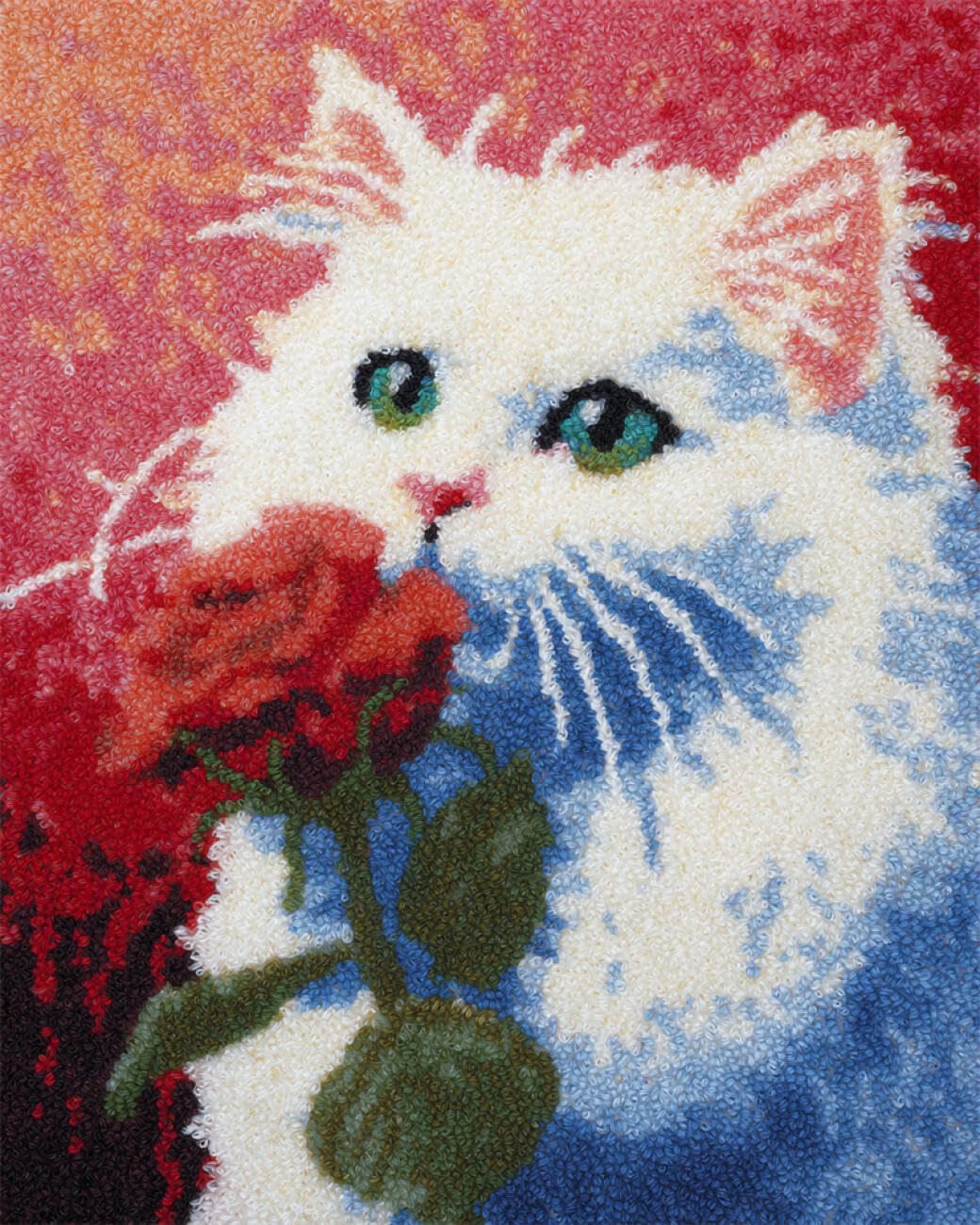 Animal Diy Kit Alfombra Gancho De Pestillo Gato Blanco Y Rosas Kits De Ganchillo Para Hacer Alfombras，Juego De Bordado,Kit De Ganchillo Para Principiantes，Manualidades De Costura Para 21x29in