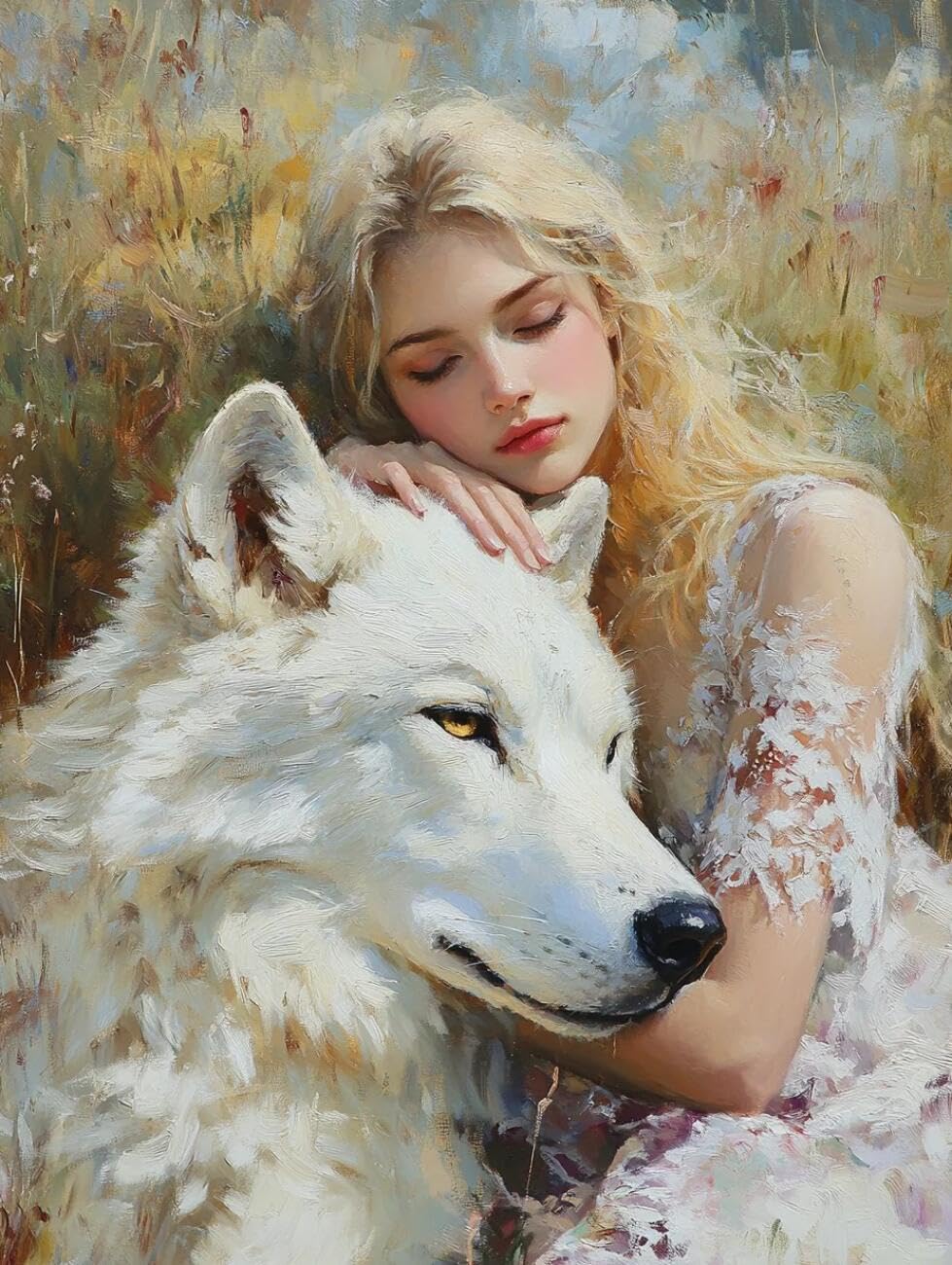 Henypt Cross Stitch Kits Woman and Wolf Animal DIY Arts Aand Craft Kit for Beginners The Elderly with Accessories Home & Leisure/Gifts 14CT 60x80cm