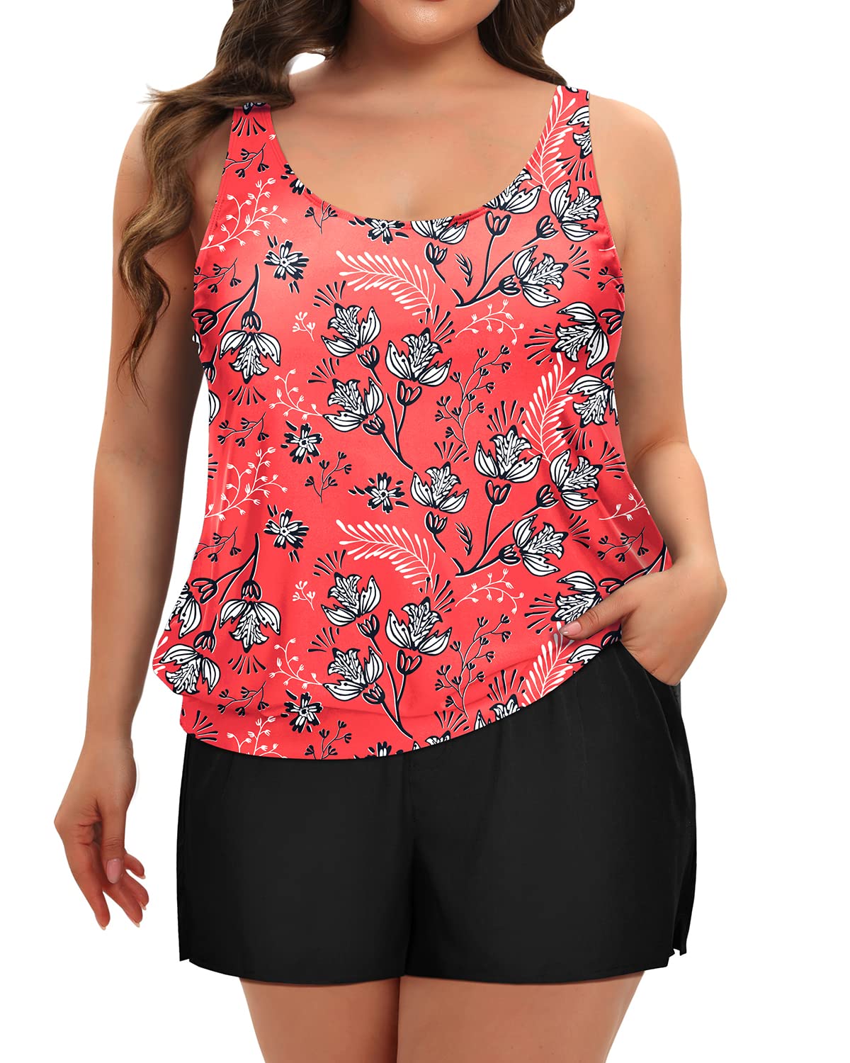 MARINAVIDA Two Piece Plus Size Swimsuits for Women Blouson Tankini Tops with Swim Shorts Tummy Control Bathing Suits