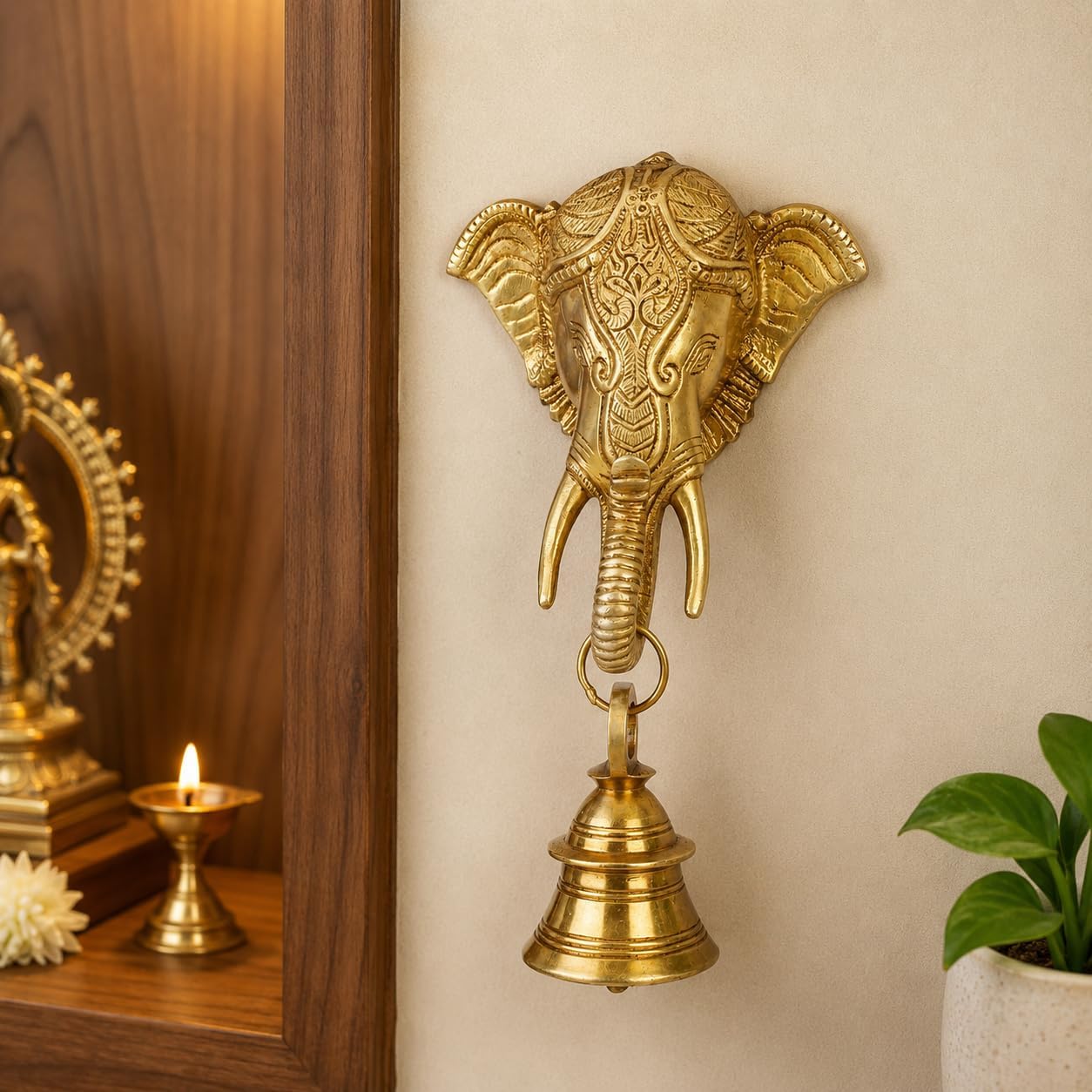 Kartique Brass Ganesha Brass Bell Hanging on Trunk (Gold)